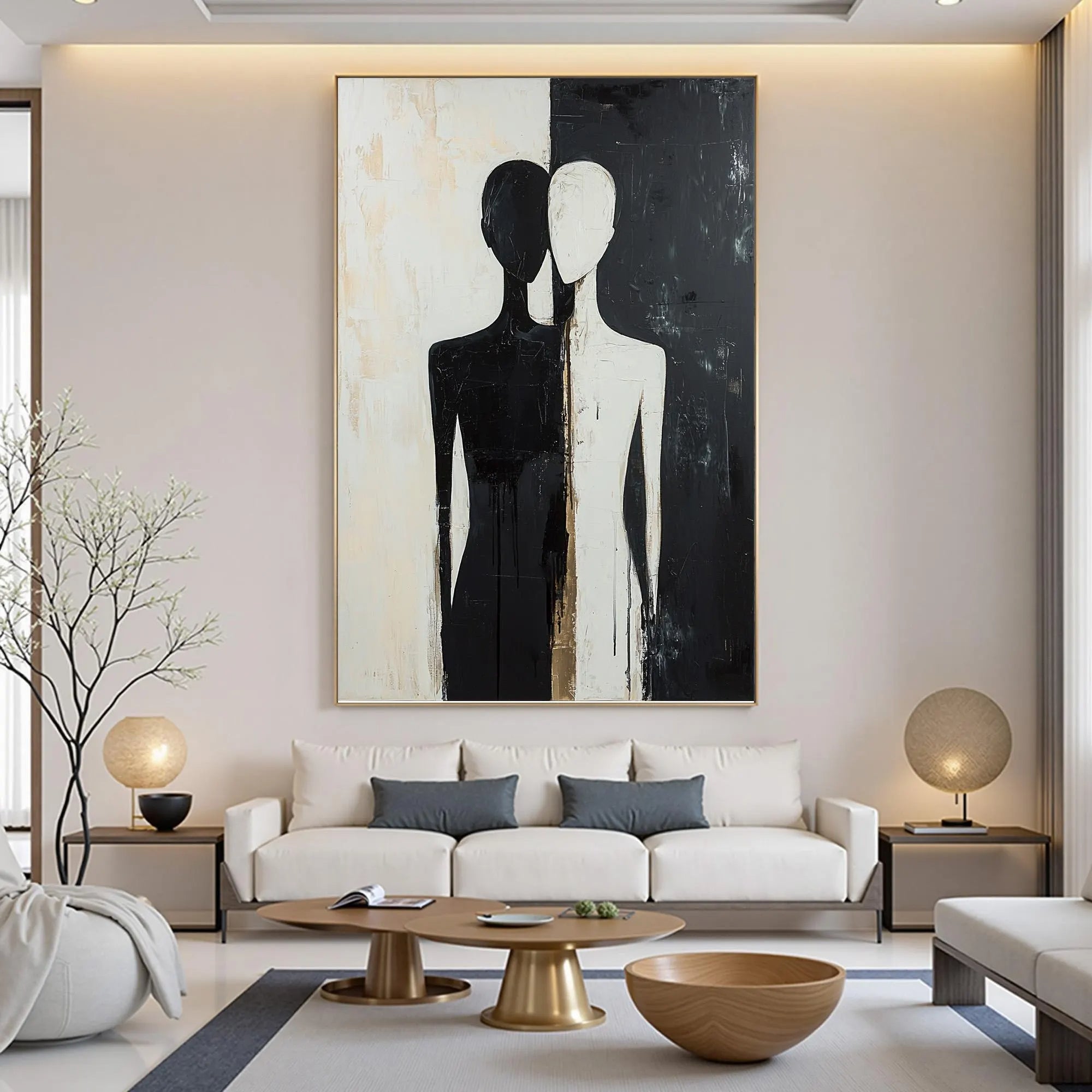 Dual Souls – Minimalist Black & White Abstract Figures Art | Modern Luxury Living Room Art
