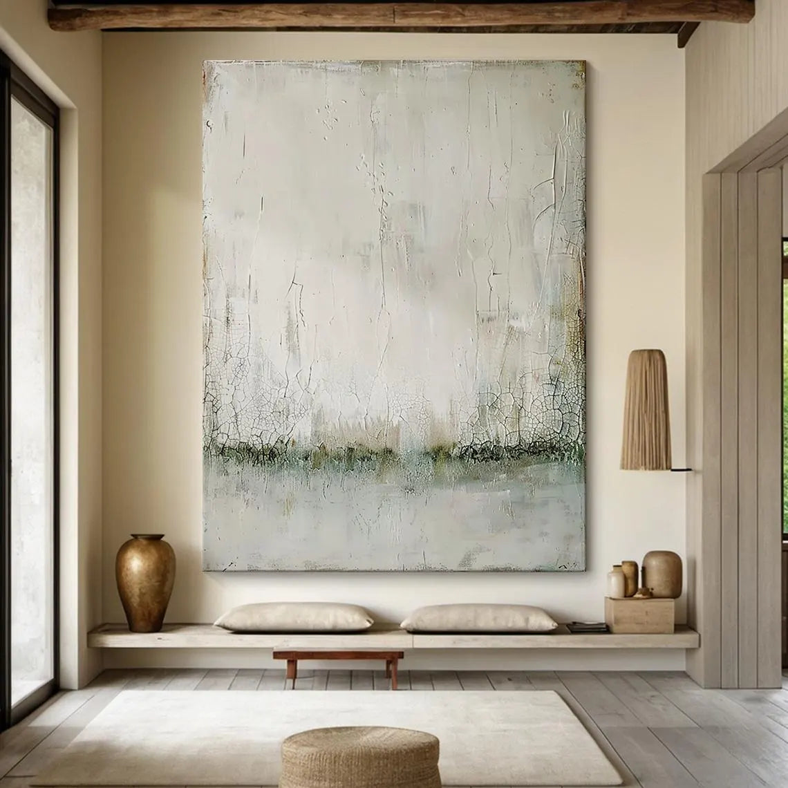 Creamy Silence – Hand-Painted Minimalist Beige Distressed Plaster Effect Wabi-Sabi Painting | Japandi Organic Wabi-Sabi Living Room & Hallway Art