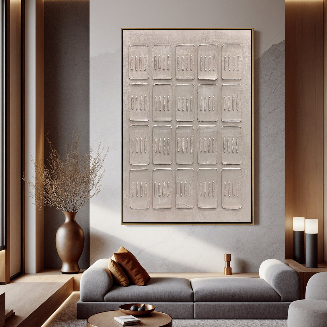 Ordered Blocks – Hand-Painted Minimalist Beige Geometric Relief Plaster Effect Wabi-Sabi Painting | Japandi Organic Wabi-Sabi Living Room & Hallway Art
