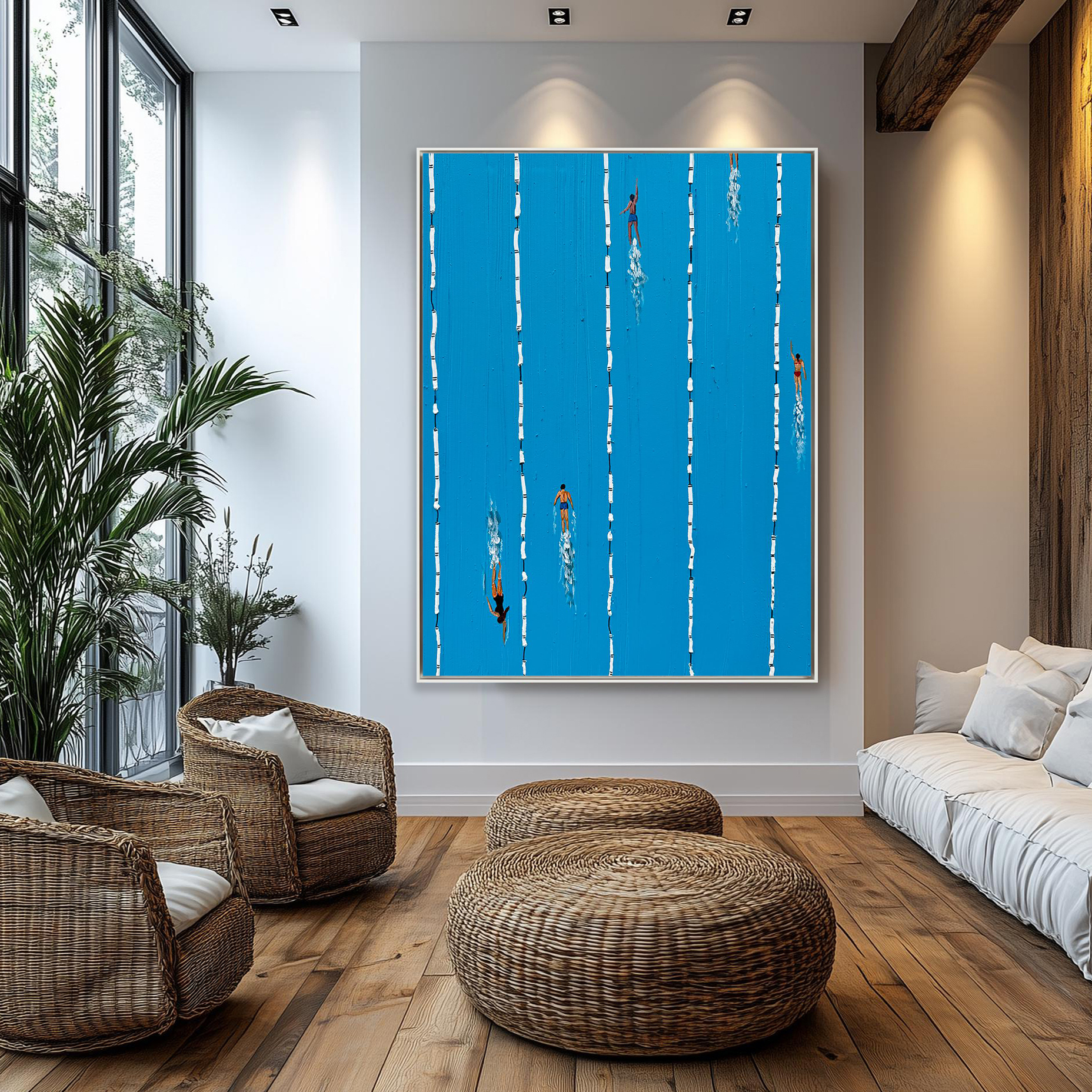 Summer Splash – Modern Swimming Pool Textured Painting | Minimalist Vibrant Blue Home Office Art