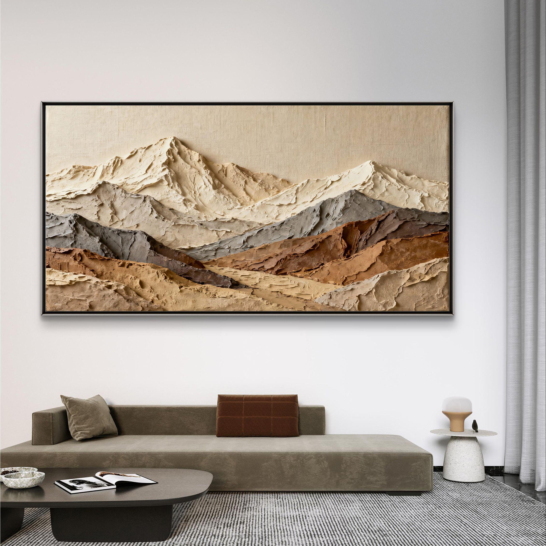 ALPINE SUMMIT: Mountains Valley Art, Hand-Painted Horizontal Oatmeal and Grey Mountain Range Plaster Relief 3D Textured Gallery Art