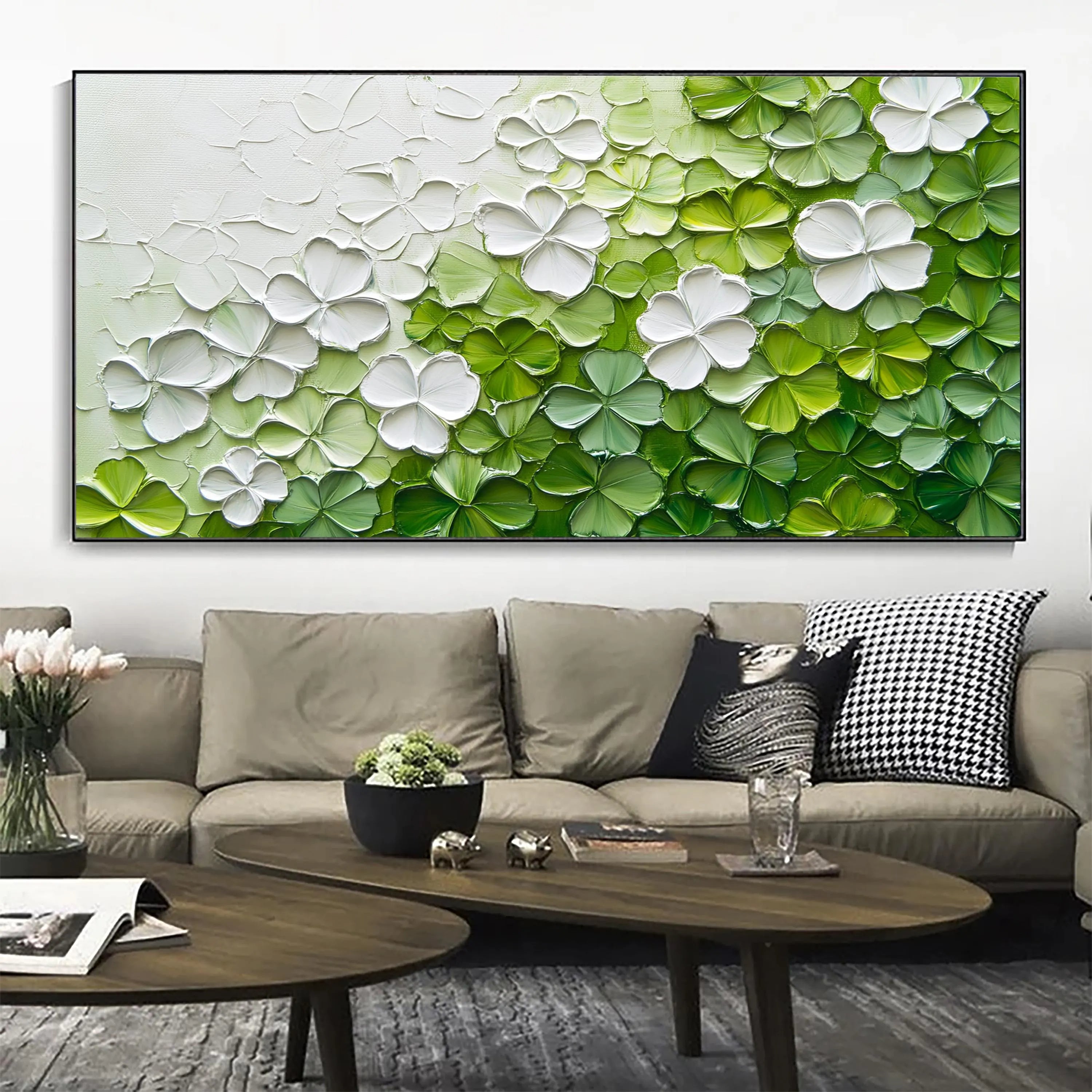 Lush Bloom – Modern White & Sage Green Relief Floral Painting | Tropical Botanical Bedroom & Dining Room Art