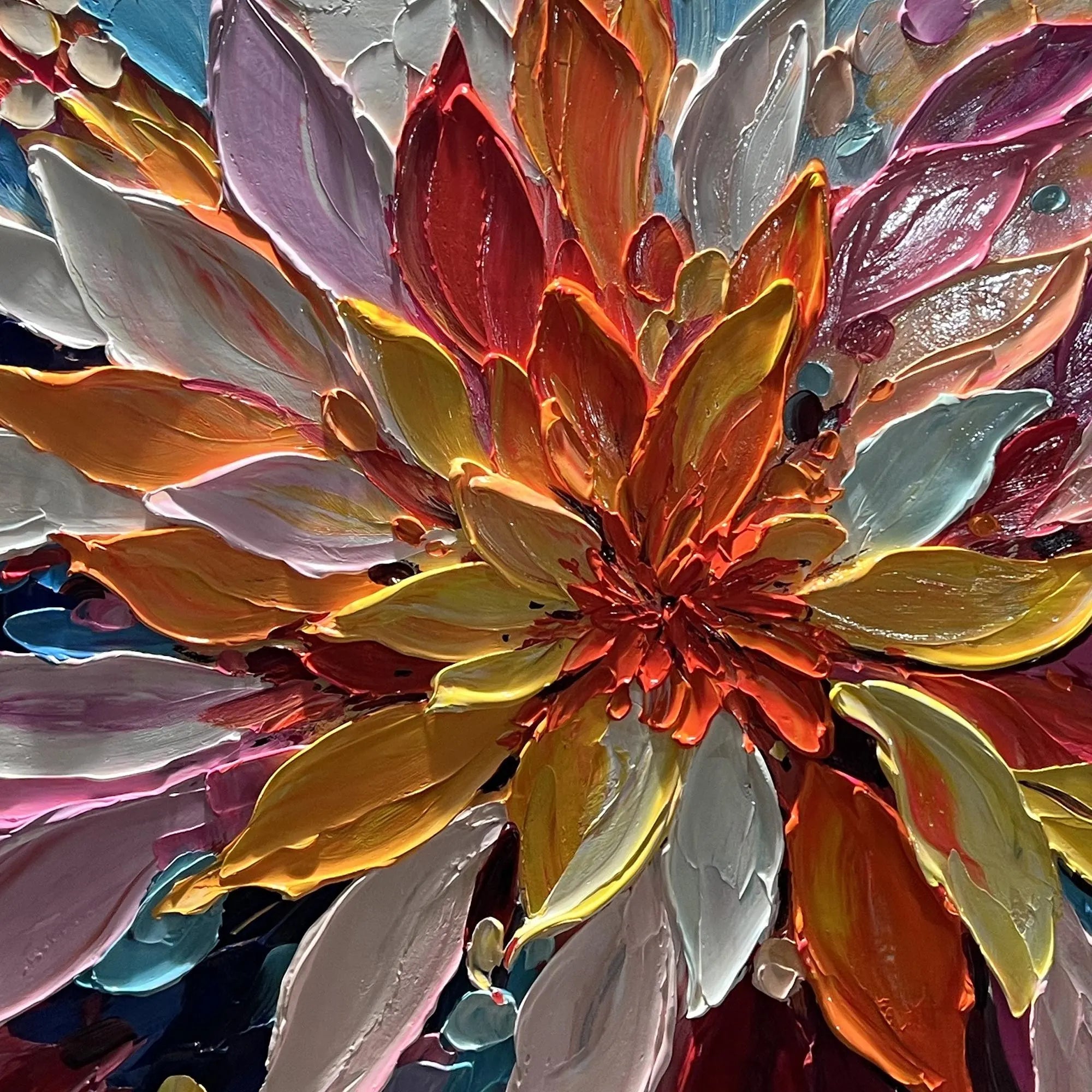 Radiant Petals – Hand-Painted Radial Palette Knife Petals Thick Floral Painting | Contemporary Botanical Bedroom & Living Room Art