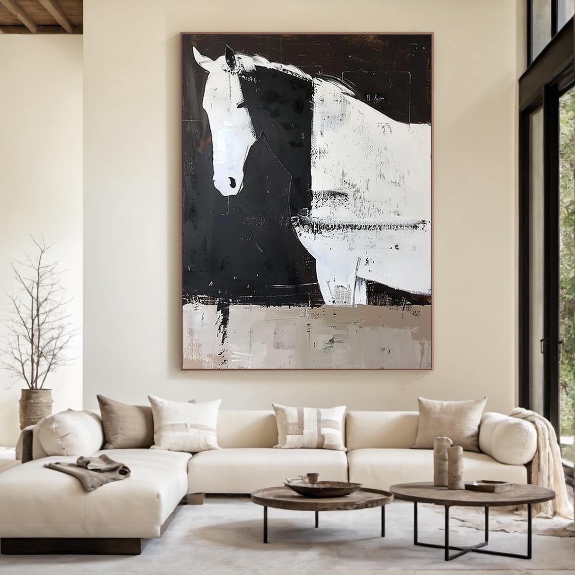 Silent Solitude – Modern Minimalist Black and White Horse Painting | Contemporary Textured Living Room Art