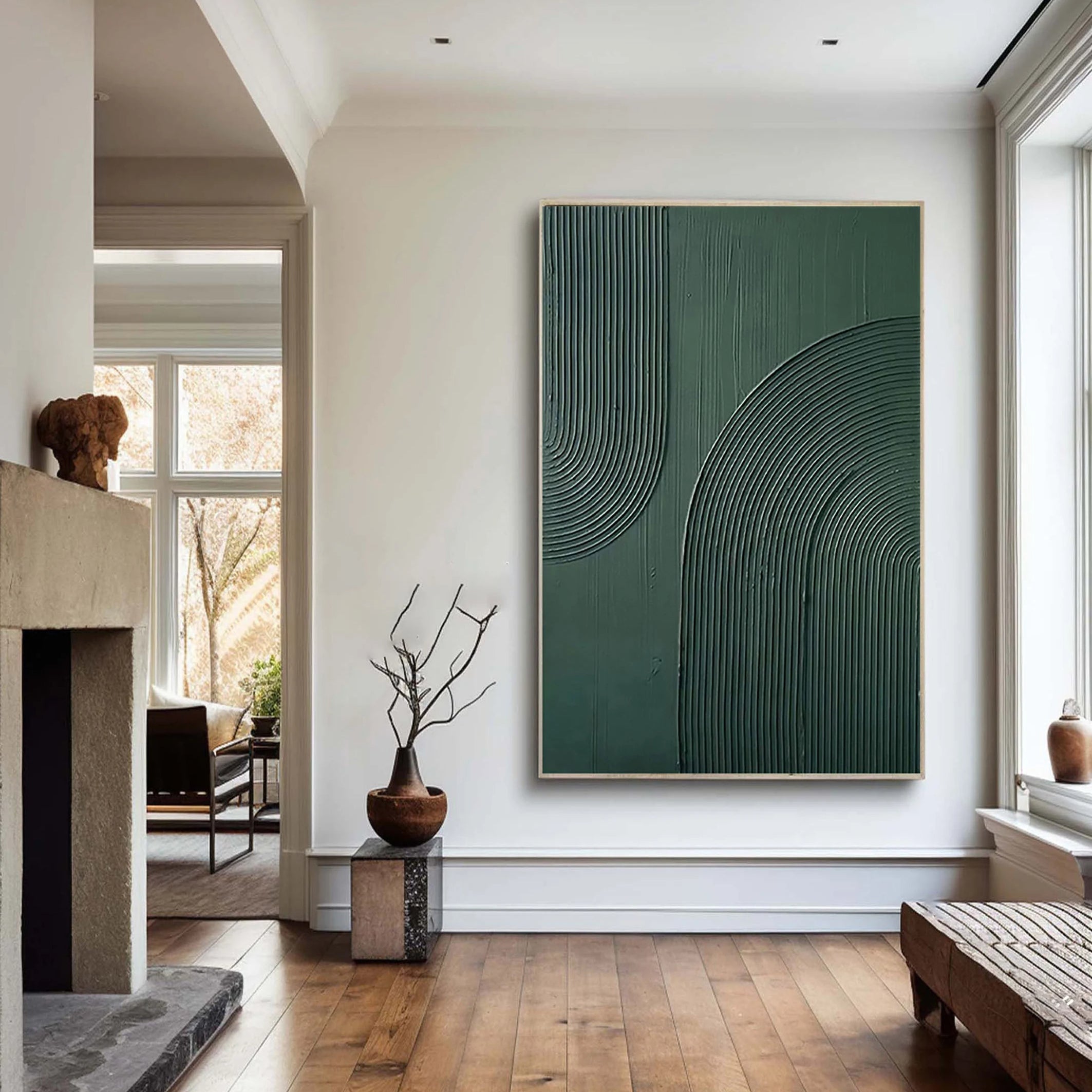 Archway Rhythm – Hand-Painted Sage Green Geometric Arch Line Relief Wabi-Sabi Painting | Japandi Wabi-Sabi Living Room & Bedroom Art