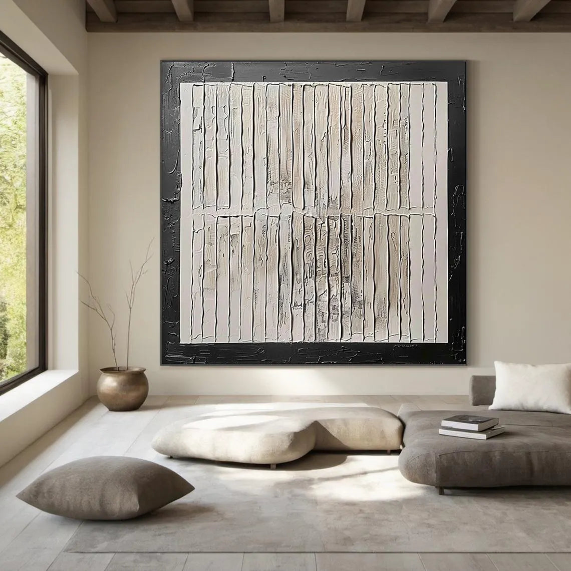 Structural Grid – Hand-Painted Black Framed Plaster Relief Wabi-Sabi Painting | Japandi Wabi-Sabi Living Room & Bedroom Art