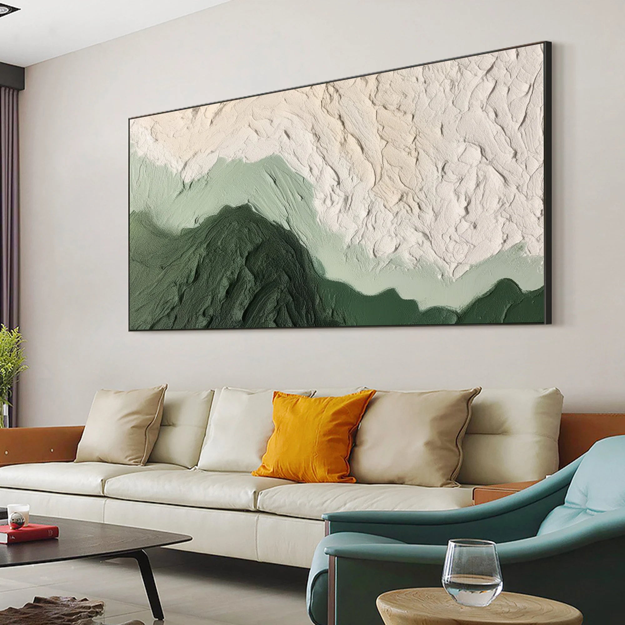 Verdant Ridges – Modern Organic Mountain Textured Art | Panoramic Sage Green Living Room Art