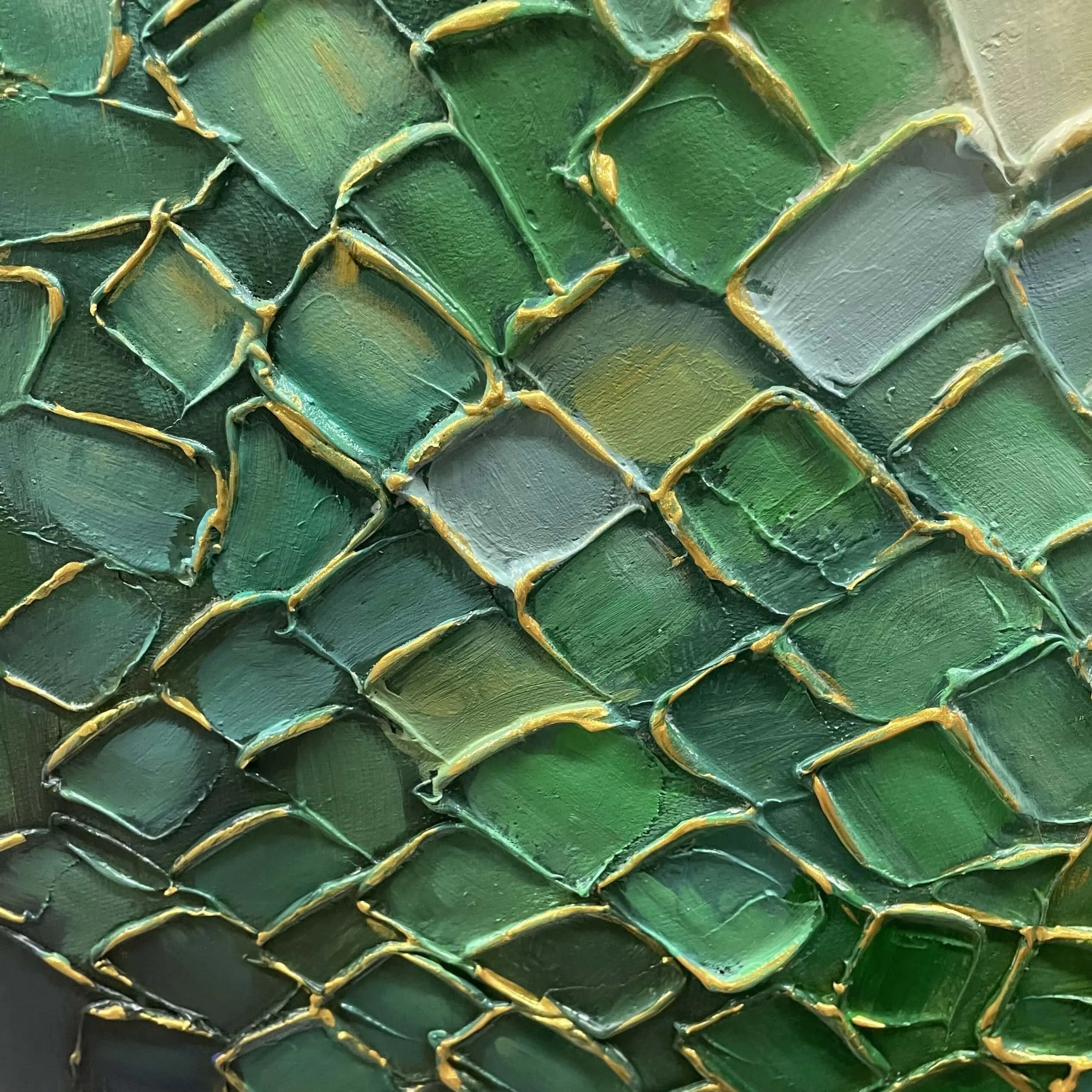 Emerald Scales – Modern Impasto Mosaic Abstract Painting | Luxury Gilded Teal Panorama Living Room Art