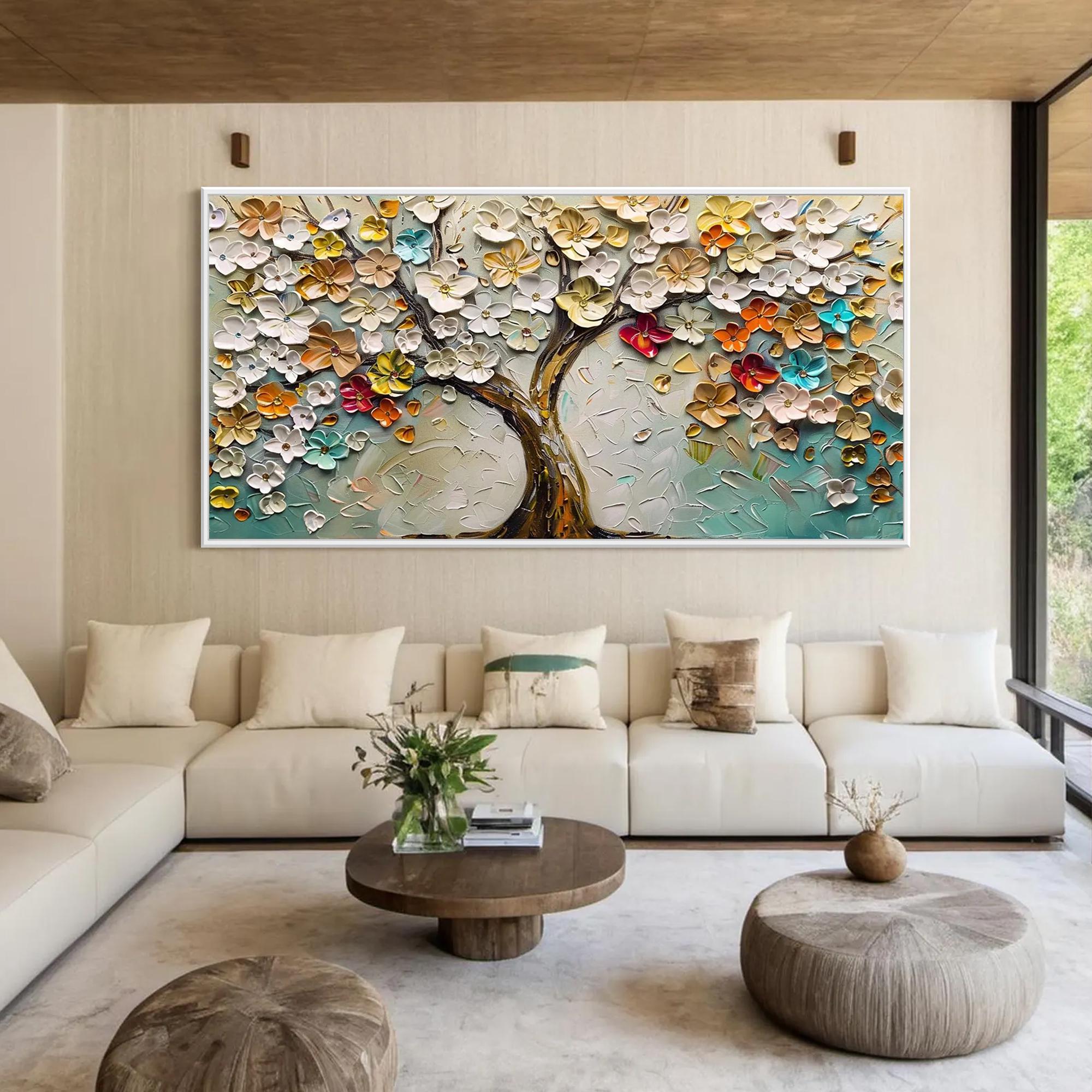 Blossom Symphony – Vibrant Floral Relief Texture Painting | Vibrant Botanical Living Room & Dining Room Art
