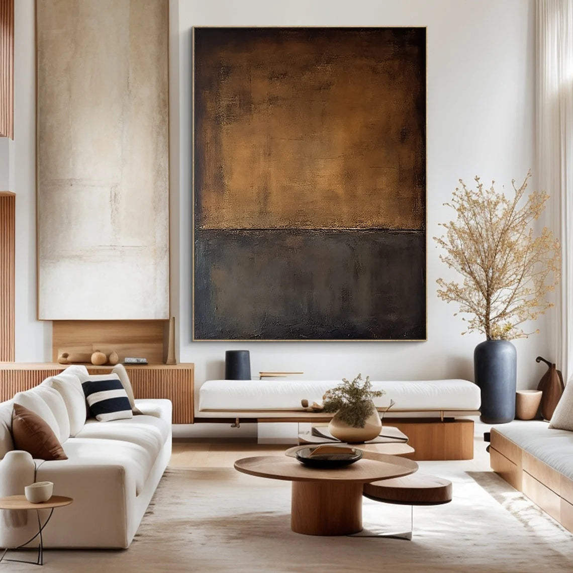Earthen Dusk – Hand-Painted Coffee Brown and Charcoal Black Minimalist Plaster Relief Wabi-Sabi Painting | Modern Noir Wabi-Sabi Living Room & Home Office Art