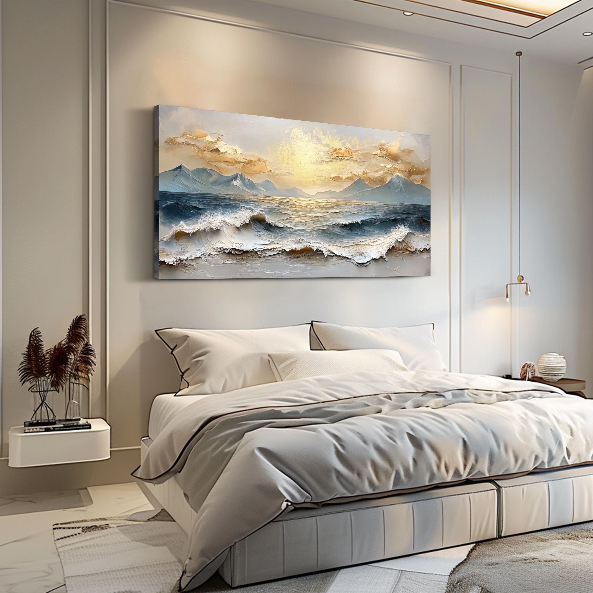 Aurum Tide – Hand-Painted Golden Sunset Mountain Ocean Wave Palette Knife Oil Seascape Painting | Contemporary Mountain Living Room & Home Office Art