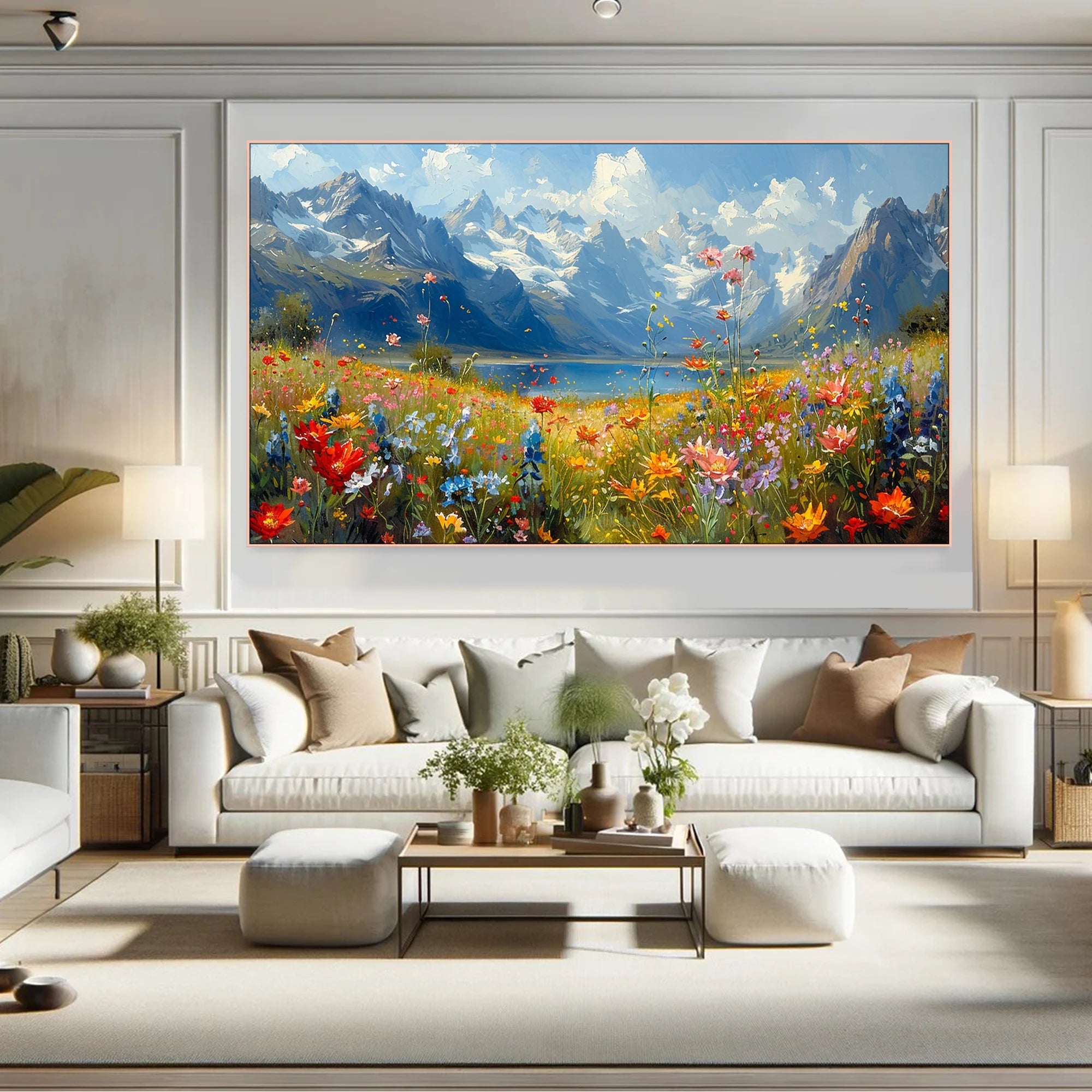 Alpine Bloom – Hand-Painted Snow Mountain and Wildflower Lake Landscape Painting | Contemporary Botanical Bedroom & Living Room Art