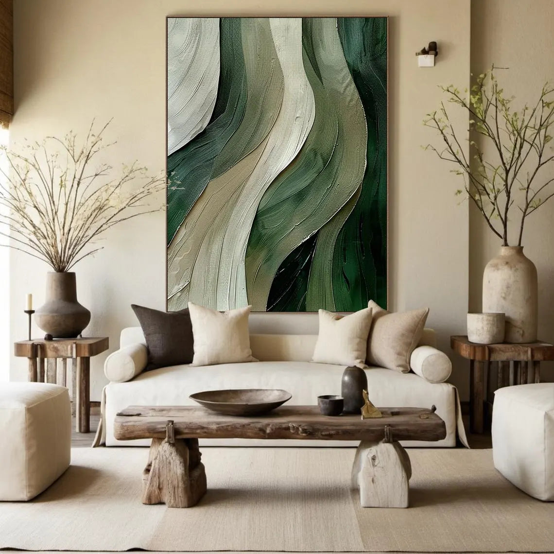 Emerald Tide – Hand-Painted Deep Green and Sage Wave Palette Knife Texture Painting | Modern Abstract Living Room & Office Art