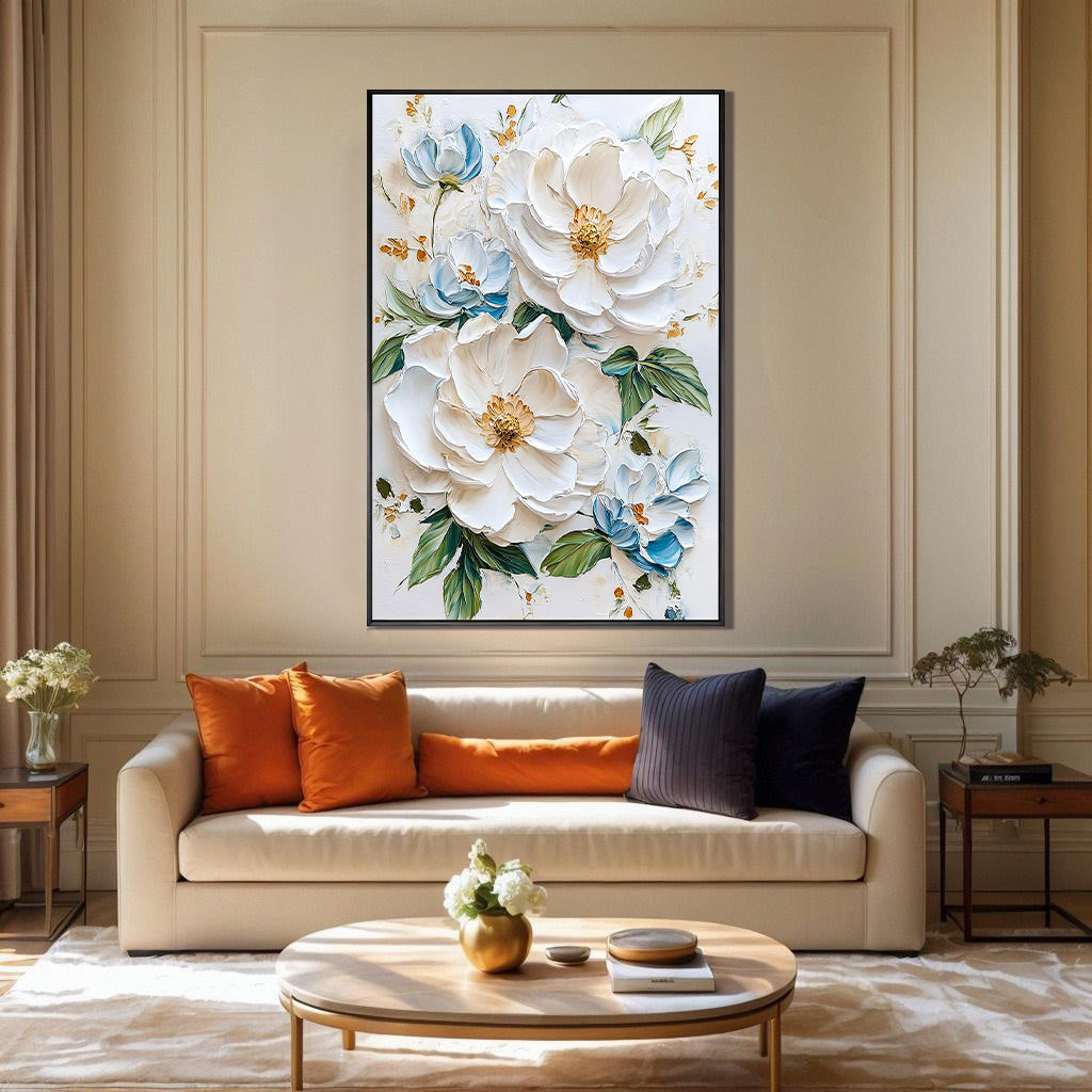 Pure Elegance – Hand-Painted Off-White and Soft Blue 3D Relief Plaster Effect Floral Painting | Soft Organic Botanical Bedroom & Living Room Art
