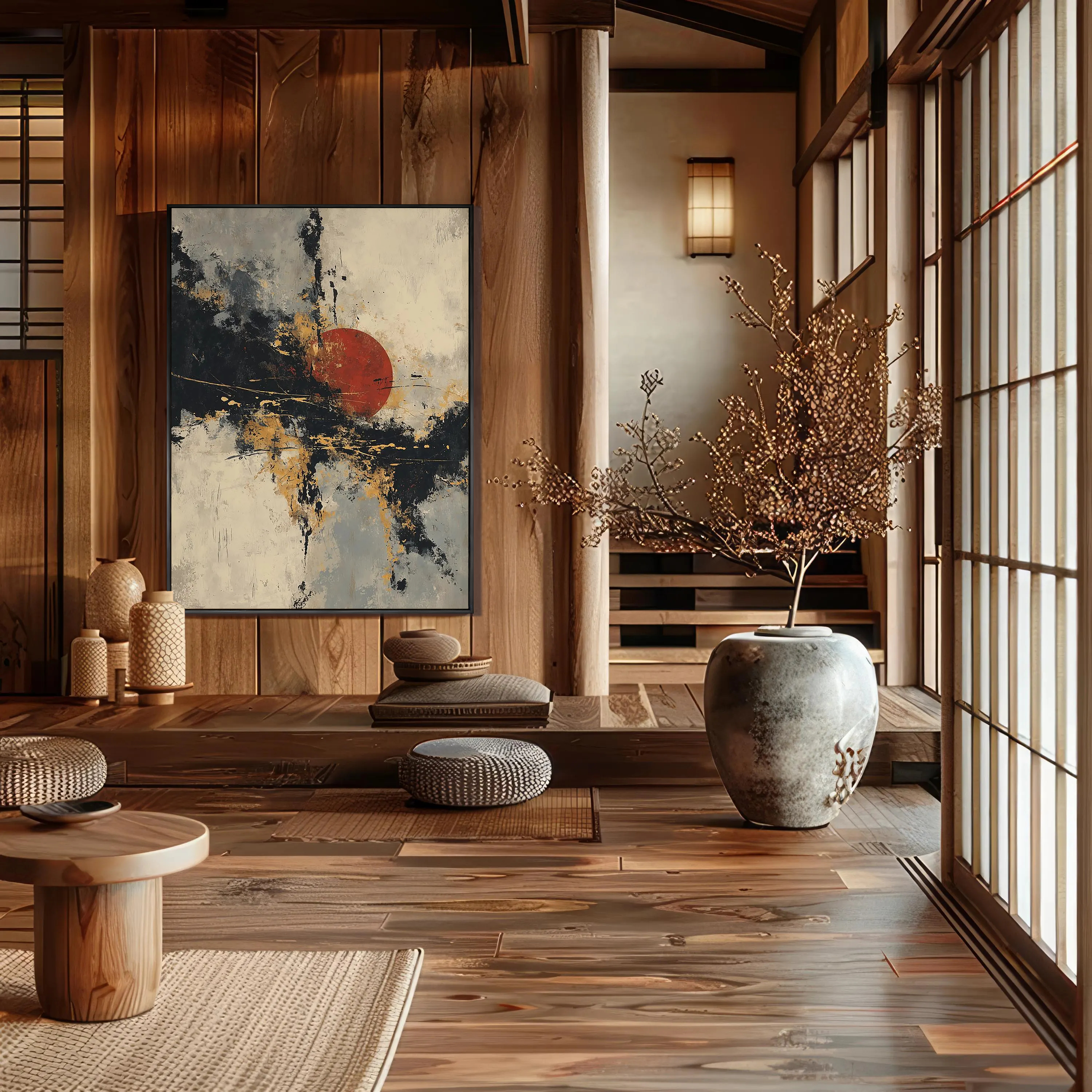 Zen Rising – Red Sun & Golden Texture Oil Abstract Painting | Modern Abstract Living Room & Office Art