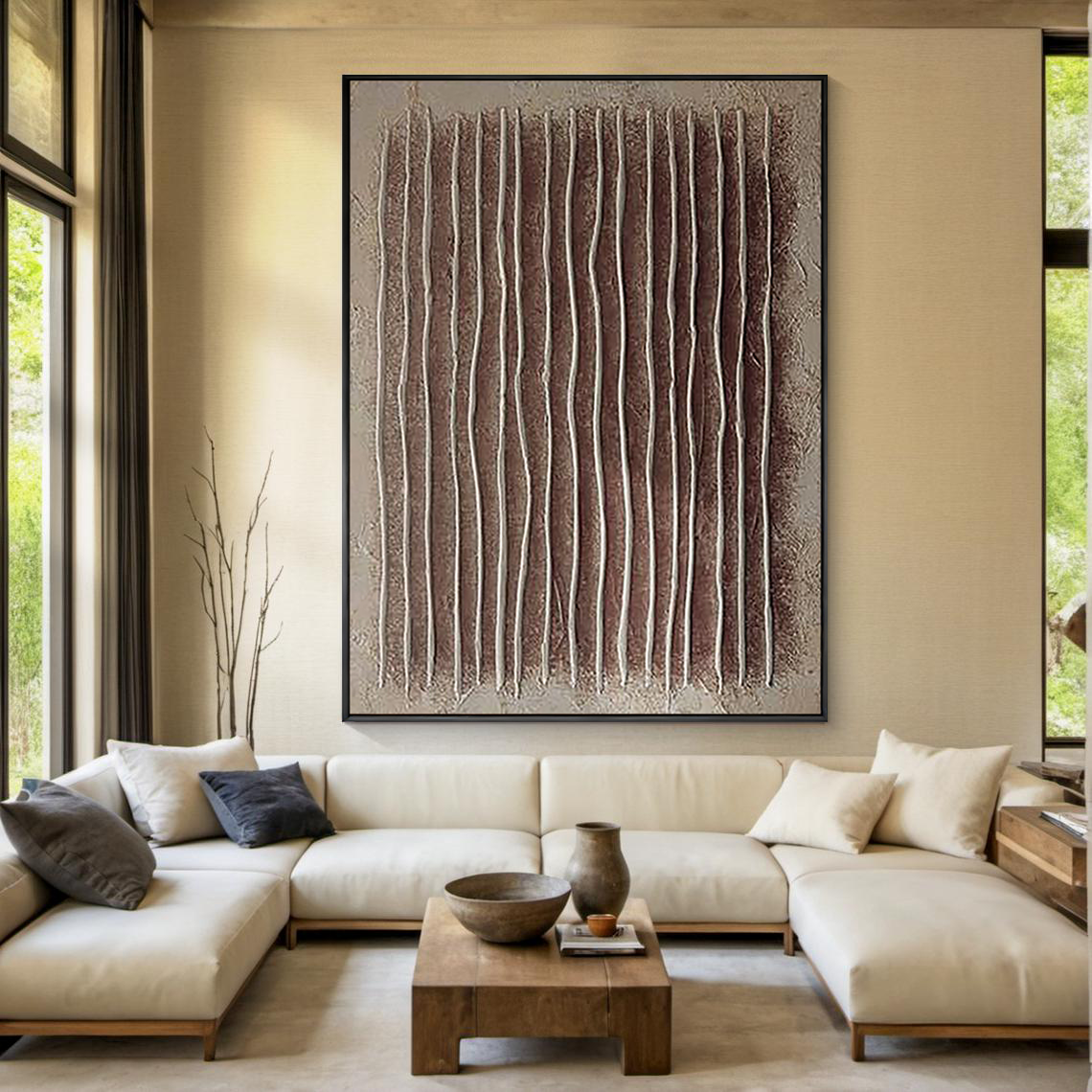 Vertical Echo – Hand-Painted Earthy Red and Beige Line Plaster Effect Wabi-Sabi Painting | Japandi Organic Wabi-Sabi Living Room & Hallway Art