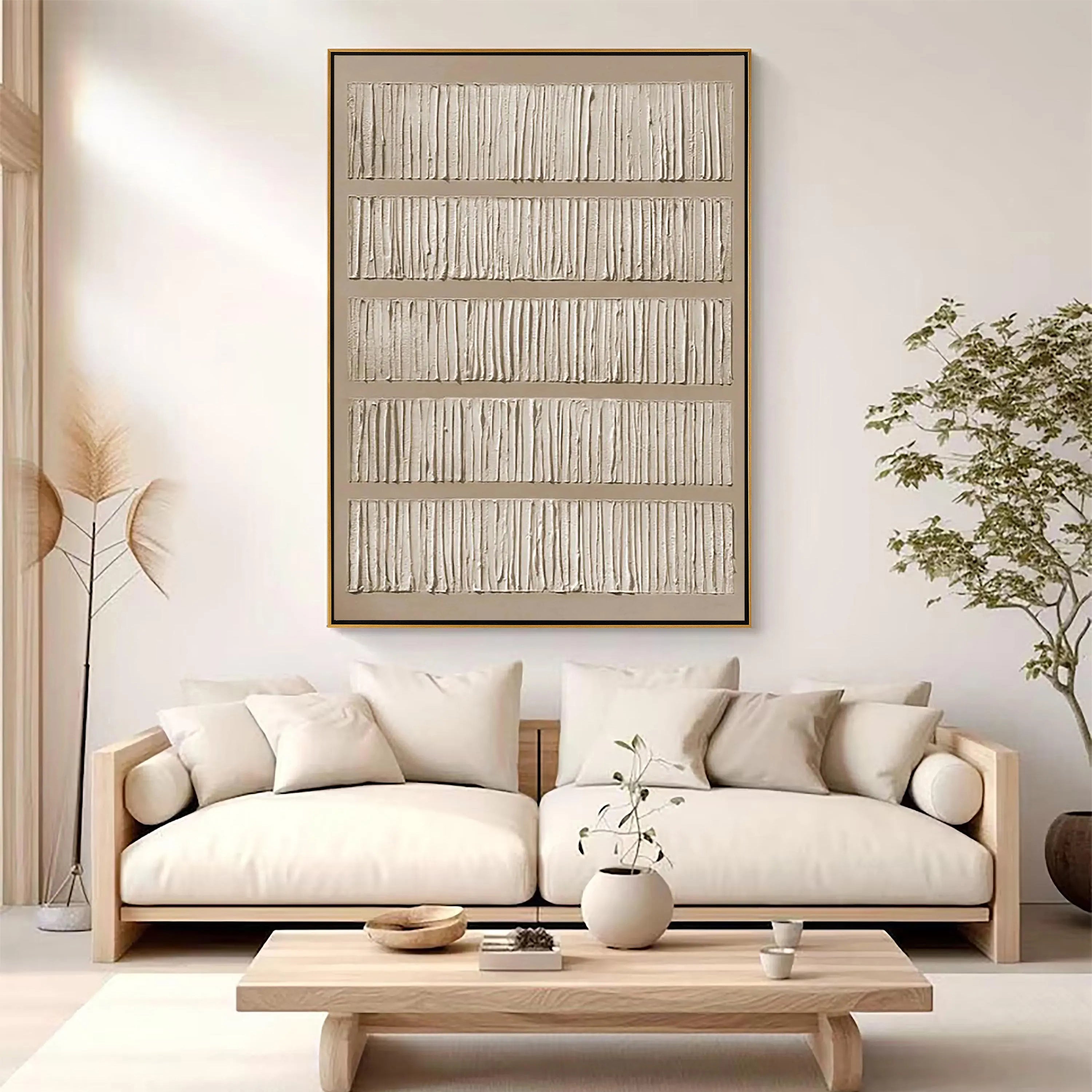 Linear Rhythm – Hand-Painted Neutral Tone Line Plaster Relief Texture Painting | Japandi Organic Texture Living Room & Bedroom Art