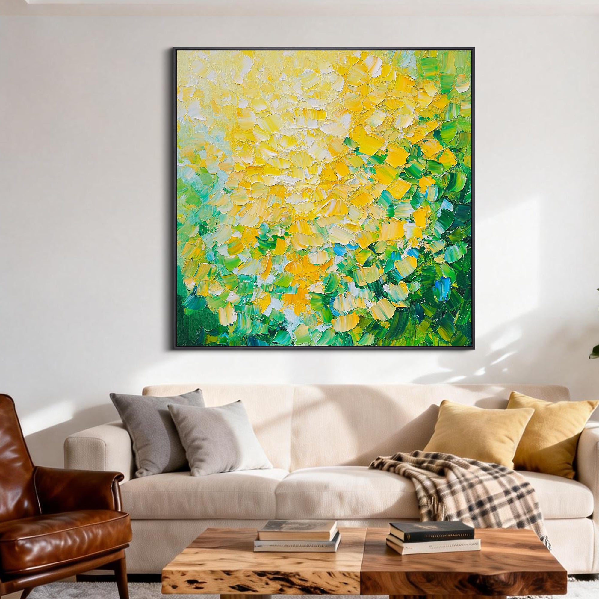 Mint Sunlight – Green & Yellow Palette Knife Relief Abstract Painting | Modern Abstract Living Room & Office Art