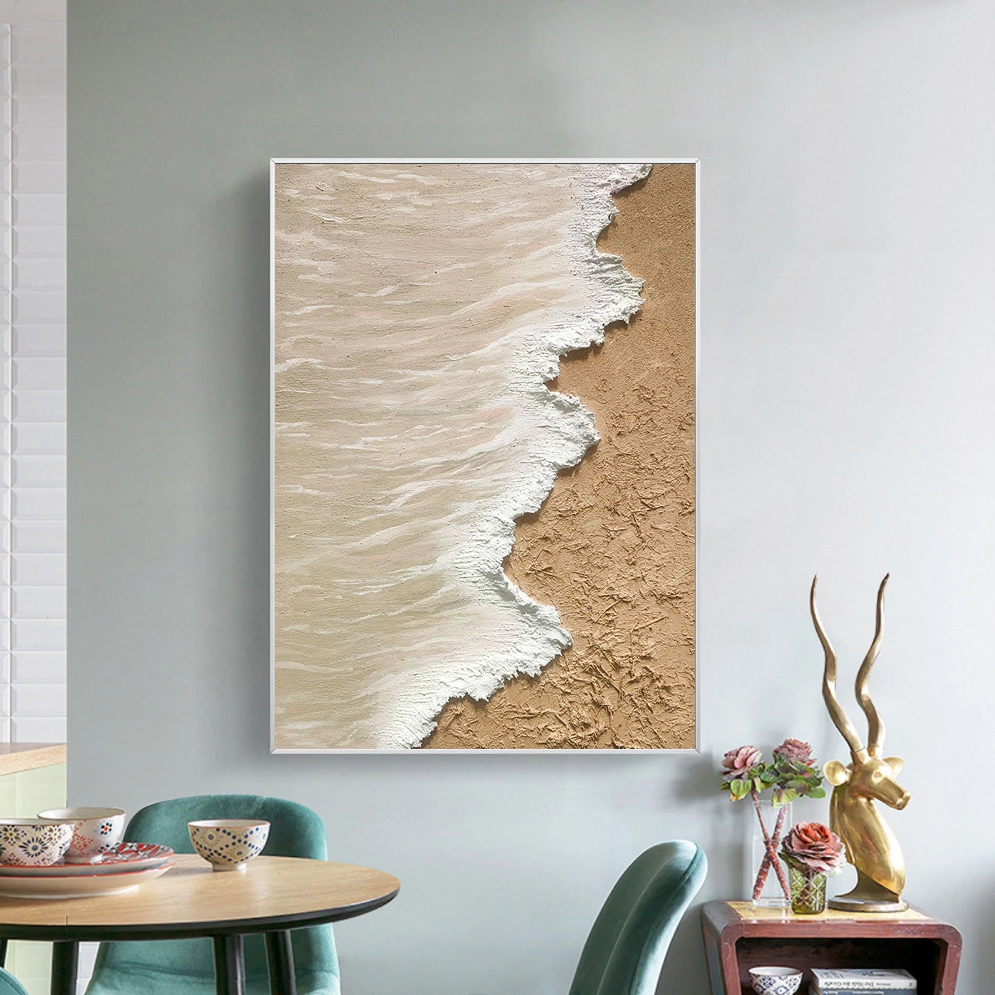 Sandy Shore – Hand-Painted Creamy White Sea Foam 3D Plaster Effect Nature Painting | Japandi Organic Texture Living Room & Bedroom Art
