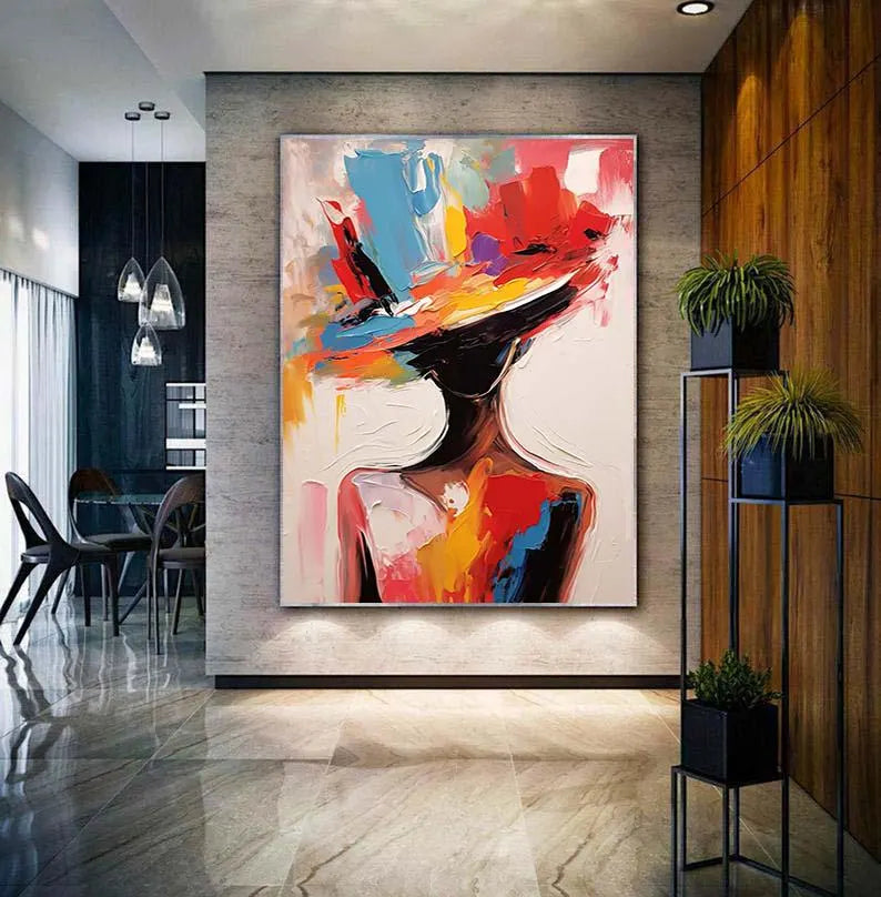 VIVID RADIANCE: Abstract Expressionist Lady in Hat, Bold Palette Knife Portrait Art