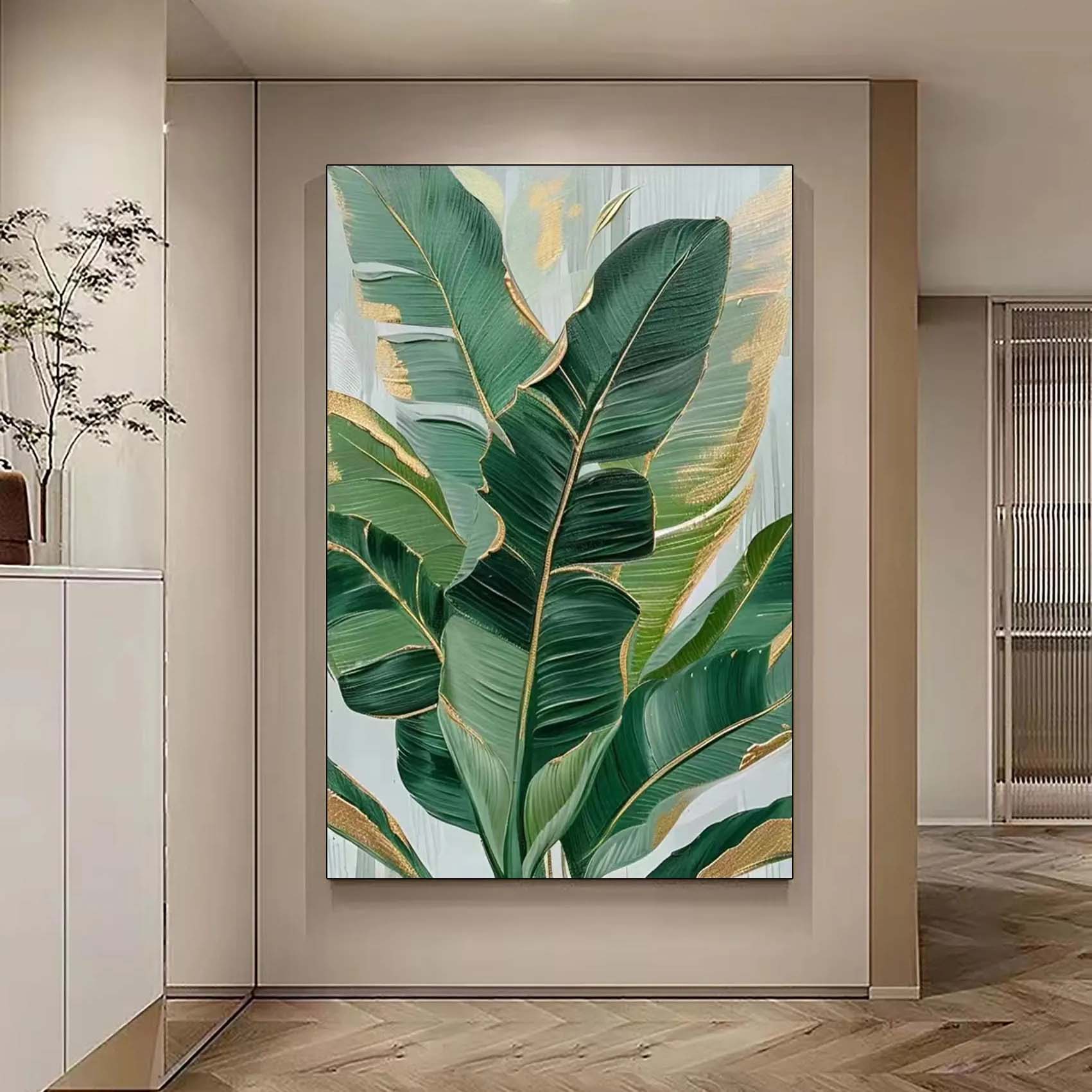 Emerald Whispers – Center Focus Botanical Relief with Gold Edges Texture Painting | Modern Luxury Botanical Living Room Wall Decor