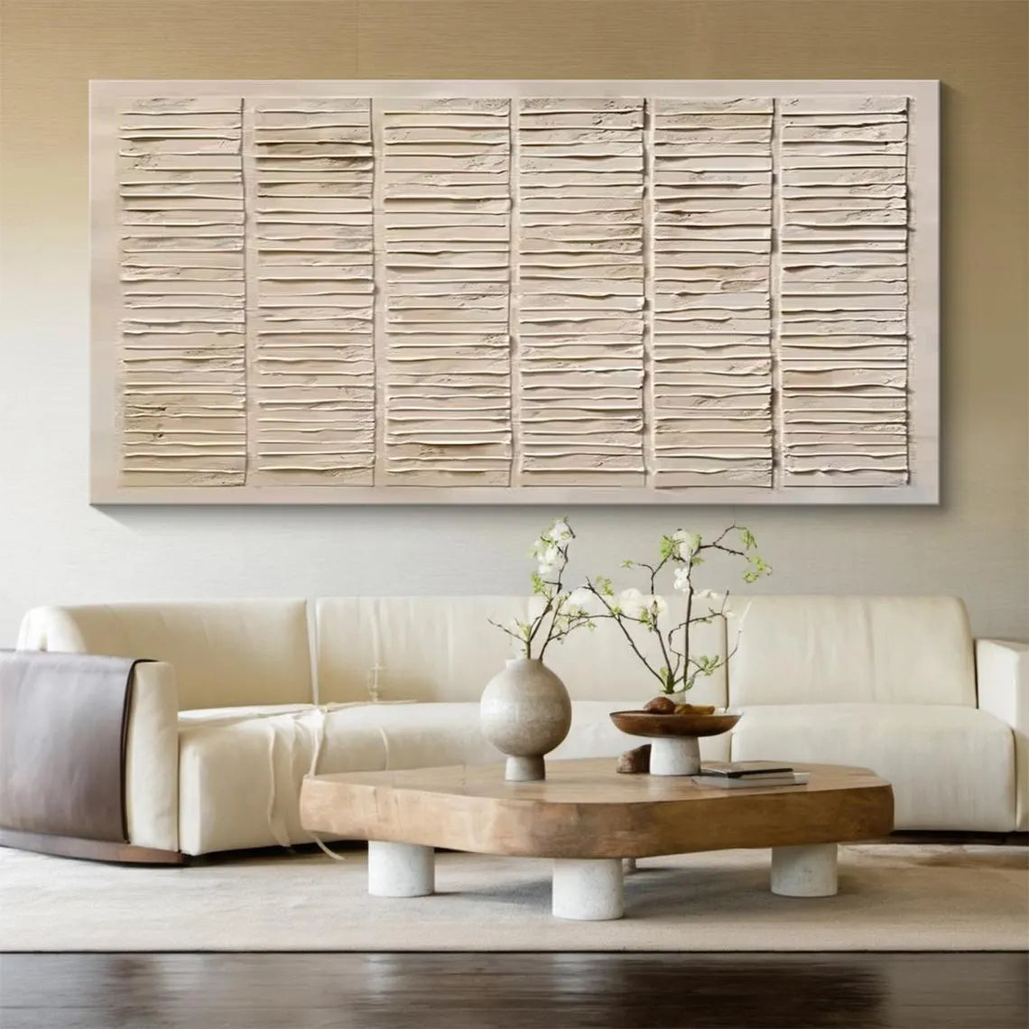 Rhythmic Lines – Modern Neutral Plaster Relief Linear Wabi-Sabi Painting | Japandi Organic Wabi-Sabi Living Room & Hallway Art