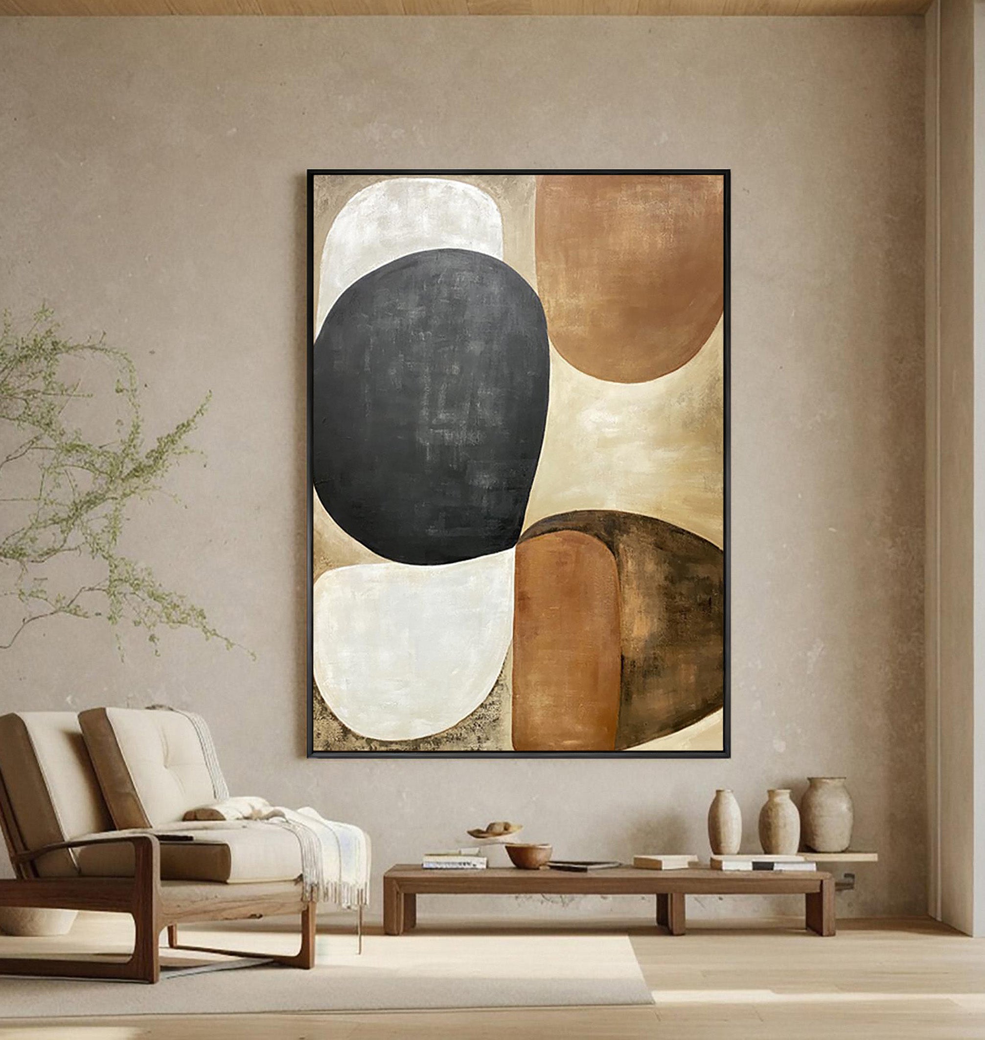 Earthen Echo – Organic Pebble Shapes in Terracotta & Slate Abstract Painting | Japandi Organic Wabi-Sabi Living Room & Hallway Art