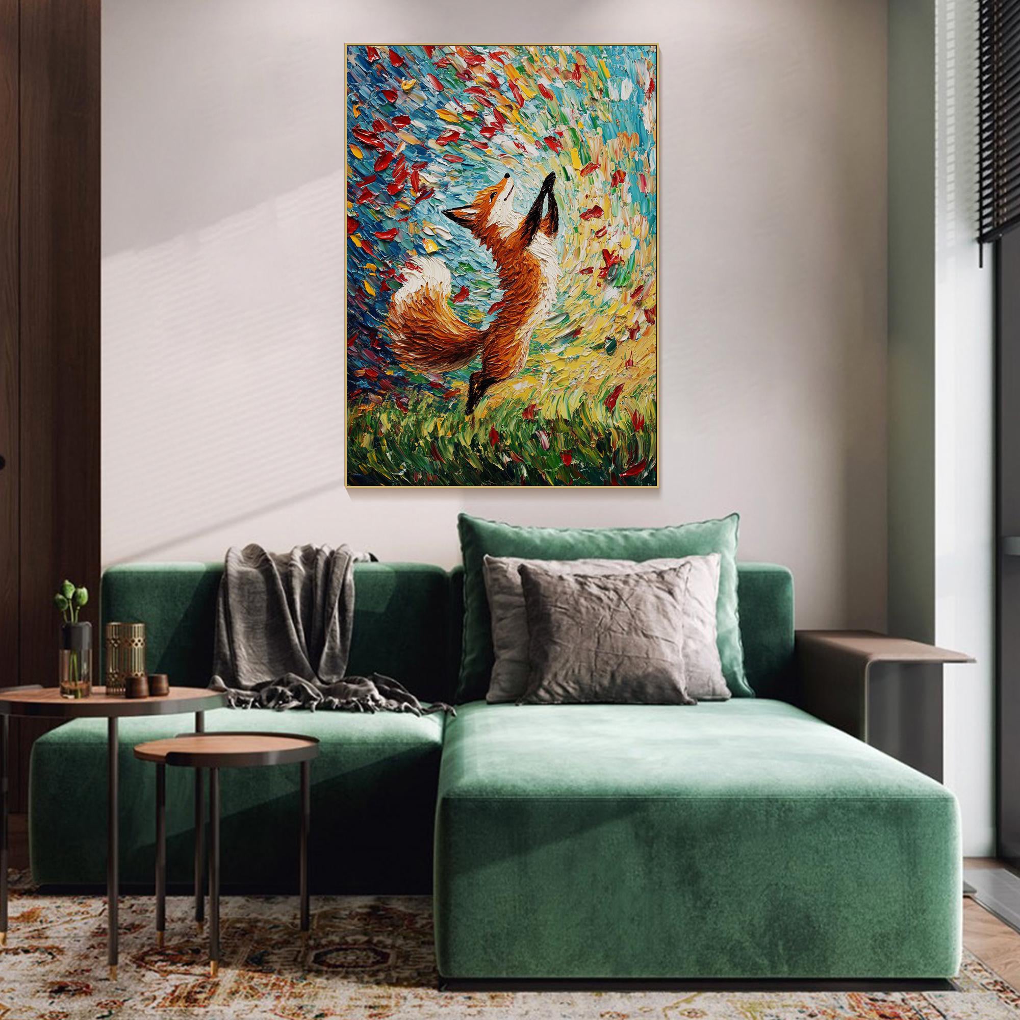 Autumn Dance – Textured Impressionist Fox Painting | Vibrant Whimsical Living Room Art