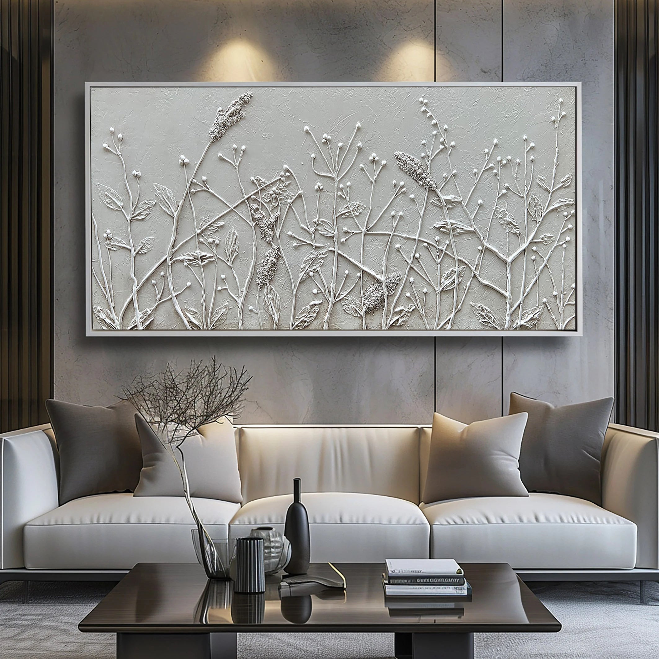 Meadow Breeze – White Botanical Relief Floral Painting | Contemporary Botanical Bedroom & Living Room Art