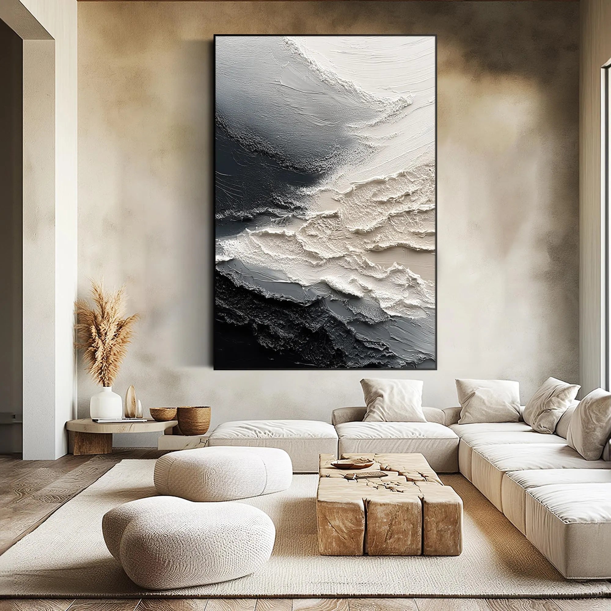 Arctic Fissure – Hand-Painted Black and White Plaster Effect Relief Texture Painting | Bold Minimalist Bedroom & Home Office Art