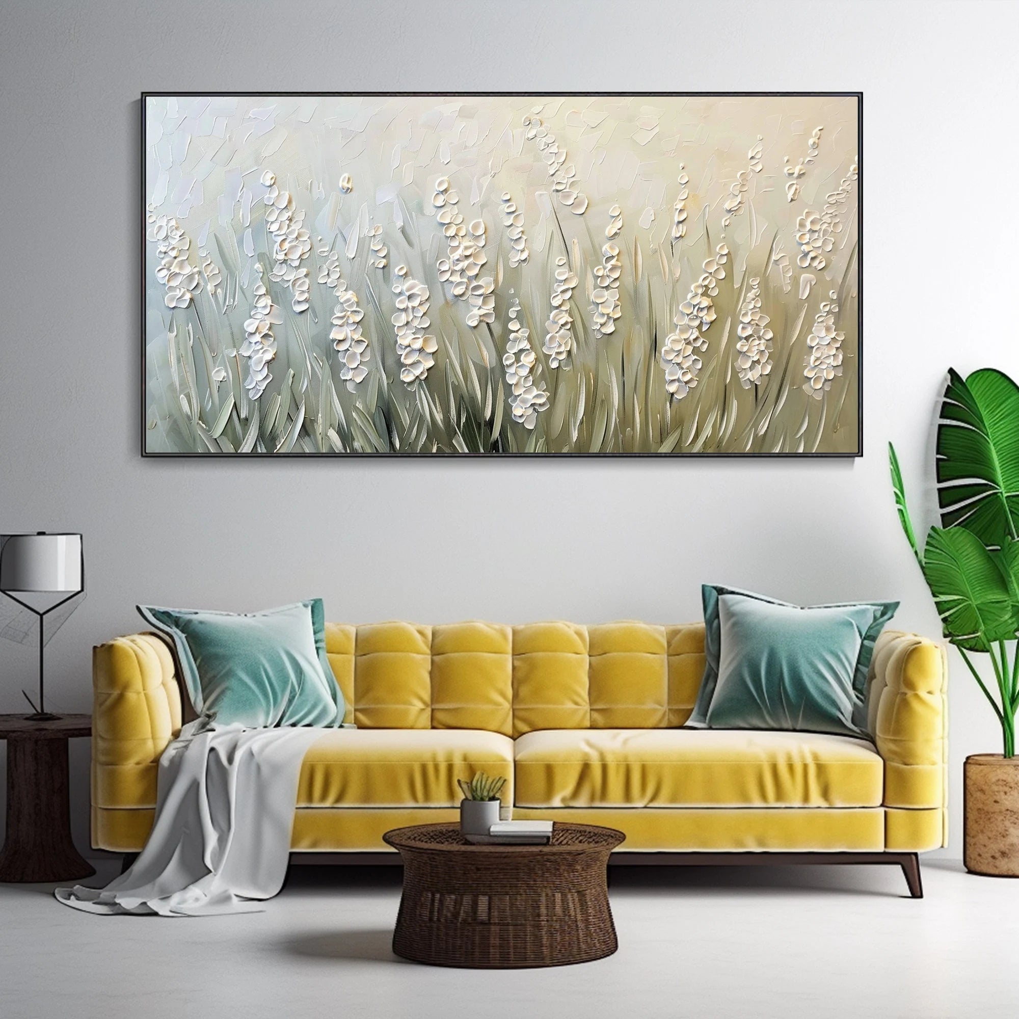 Wild Lavender – Hand-Painted Sage Green 3D Impasto Heavy Texture Plaster Floral Painting | Tropical Botanical Bedroom & Dining Room Art