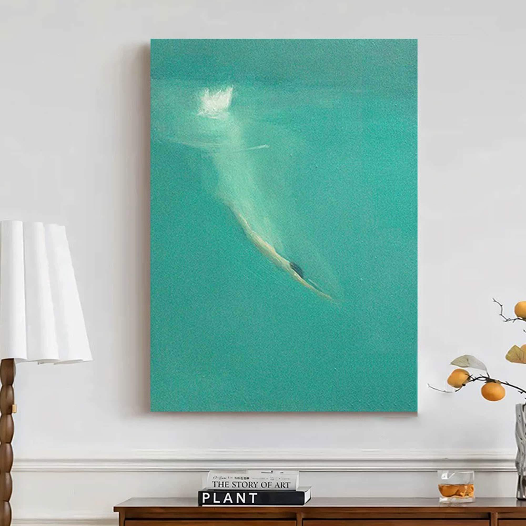 Summer Dive – Modern Minimalist Turquoise Ocean Diver Painting | Large Framed Canvas Hallway Art