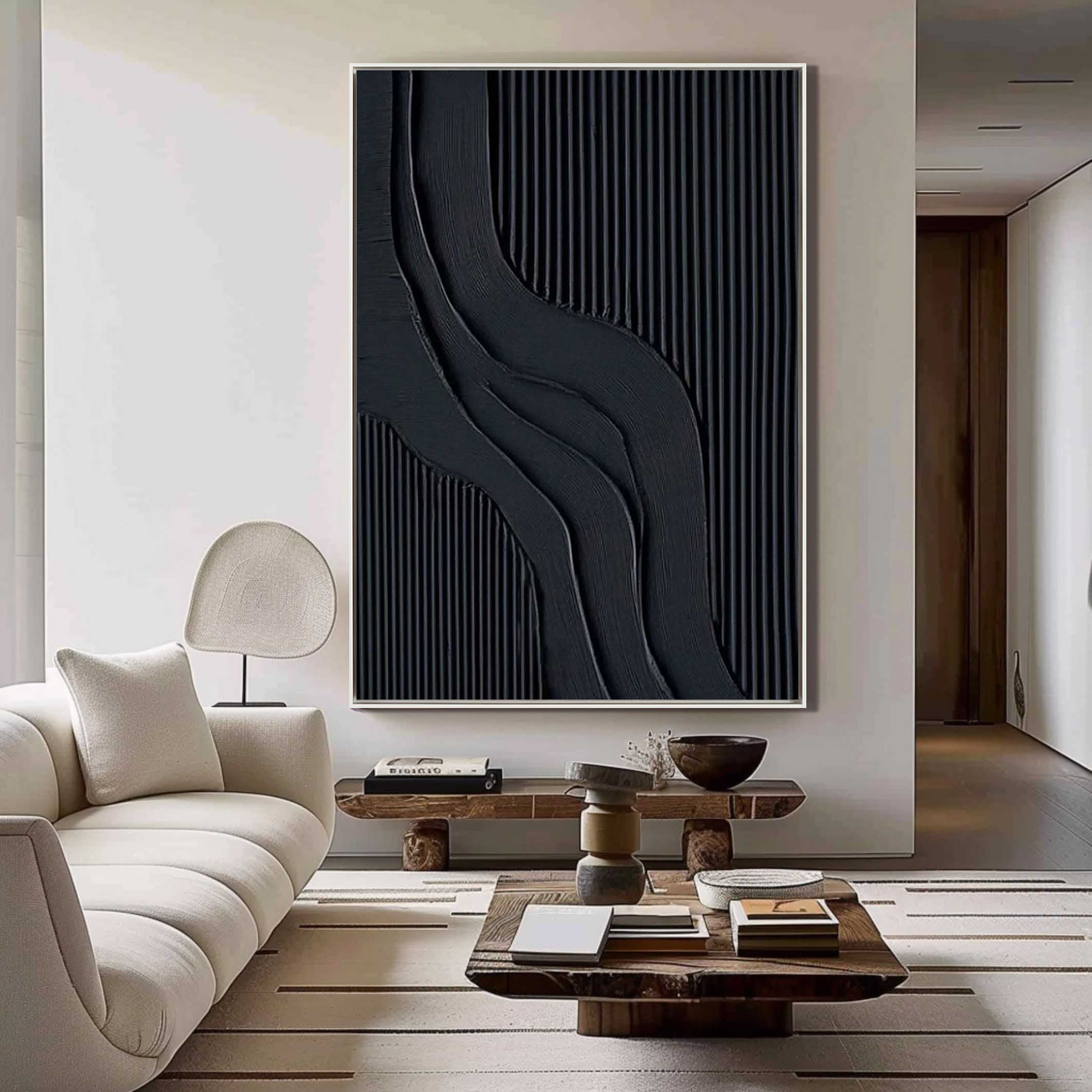 Midnight Strata – Hand-Painted Matte Black Fluted Texture 3D Relief Wabi-Sabi Painting | Japandi Wabi-Sabi Living Room & Bedroom Art