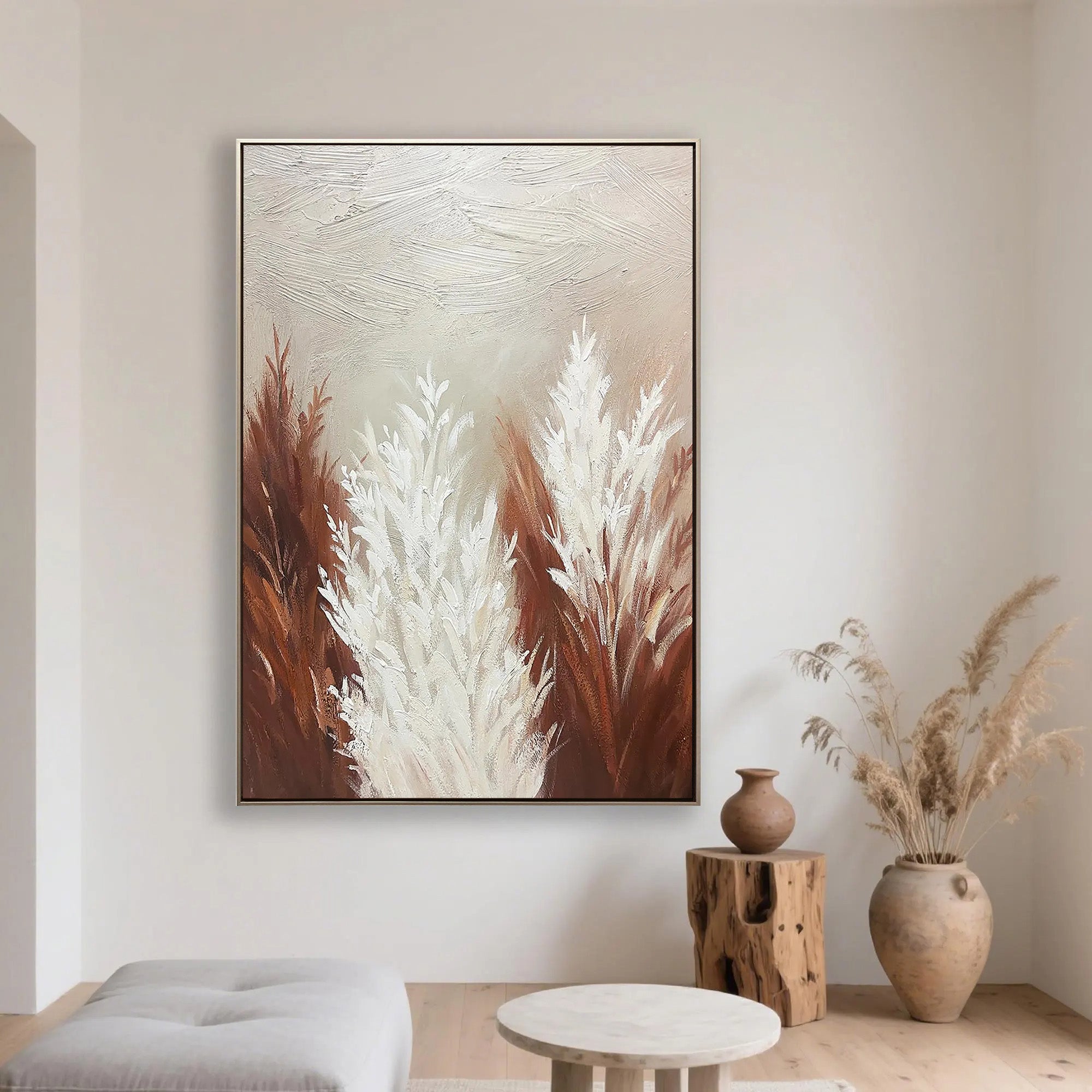 Pampas Whisper – Hand-Painted Minimalist Pampas Grass 3D Plaster Effect Floral Painting | Contemporary Botanical Bedroom & Living Room Art