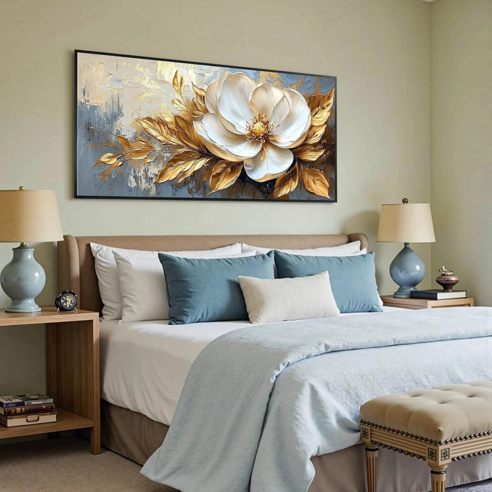 Golden Magnolia – Luxury Gold Leaf 3D Magnolia Hand-Painted Floral Painting | Modern Luxury Botanical Bedroom & Living Room Art