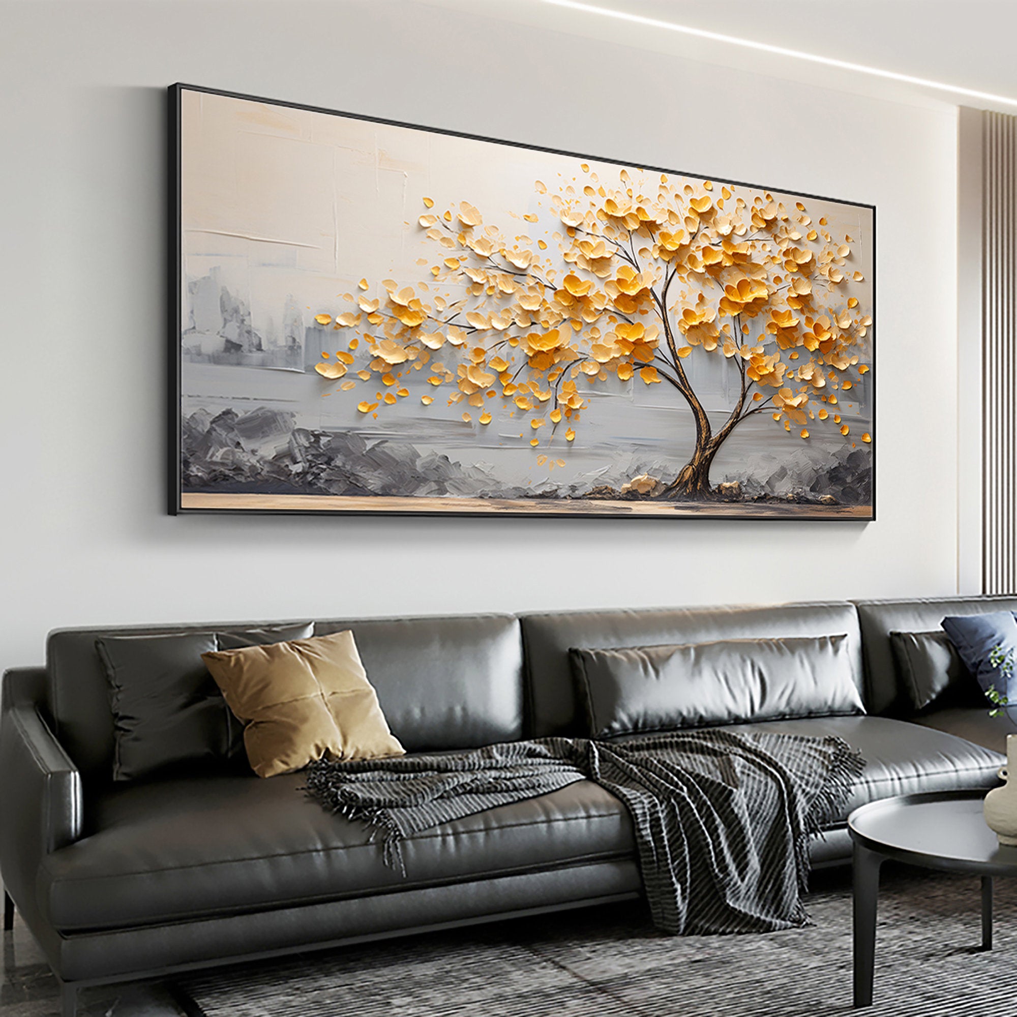 Golden Dawn – Yellow Blossom Relief on Grey Horizon Texture Painting | Modern Luxury Botanical Bedroom & Living Room Art