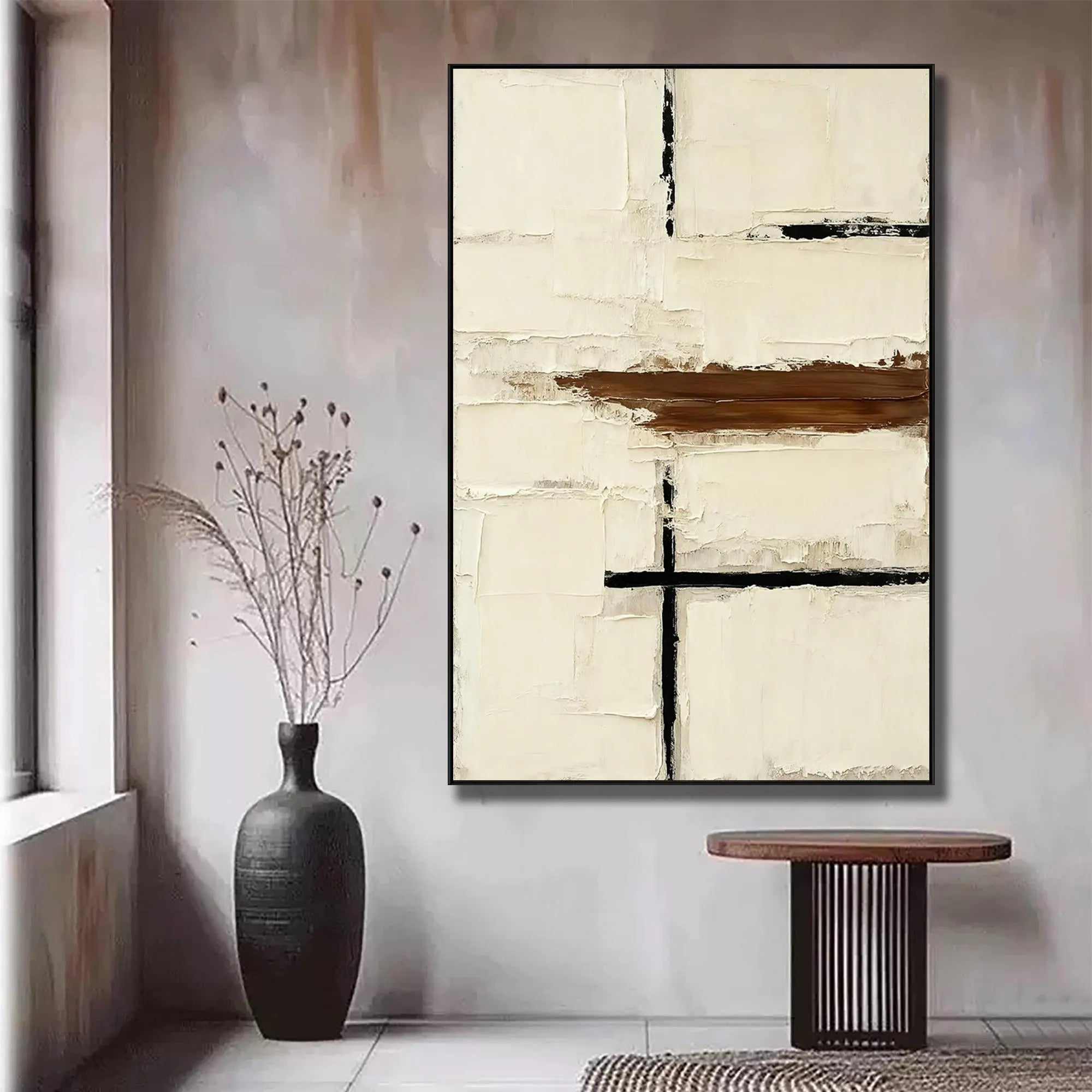 Modern Structure – Creamy White & Espresso Relief Minimalist Painting | Modern Minimalist Bedroom & Home Office Art