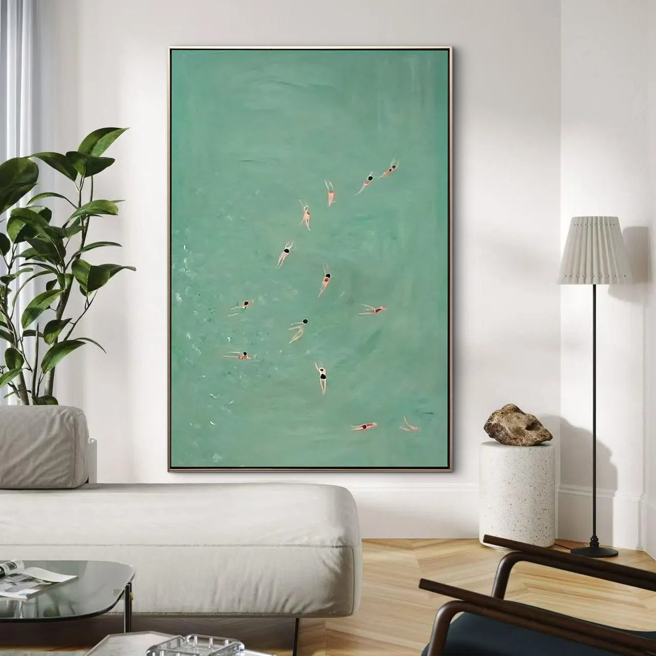 Mint Sea Wanderlust – Modern Retro Swimmers Mint Green Art | Cozy Summer Bedroom Art