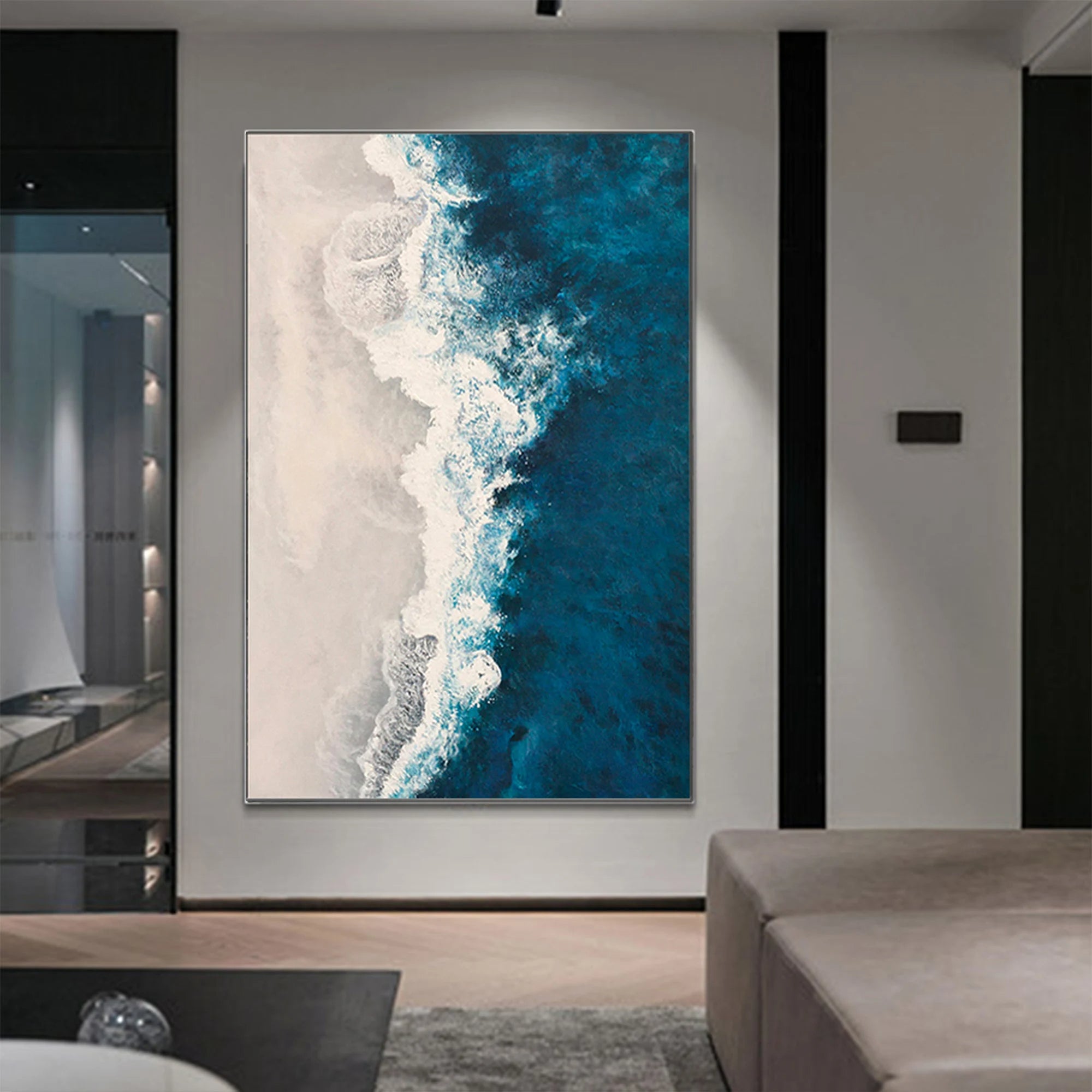 Ocean Surge – Hand-Painted Deep Navy Blue Sea Foam Aerial View Nature Painting | Coastal Modern Living Room & Bedroom Art