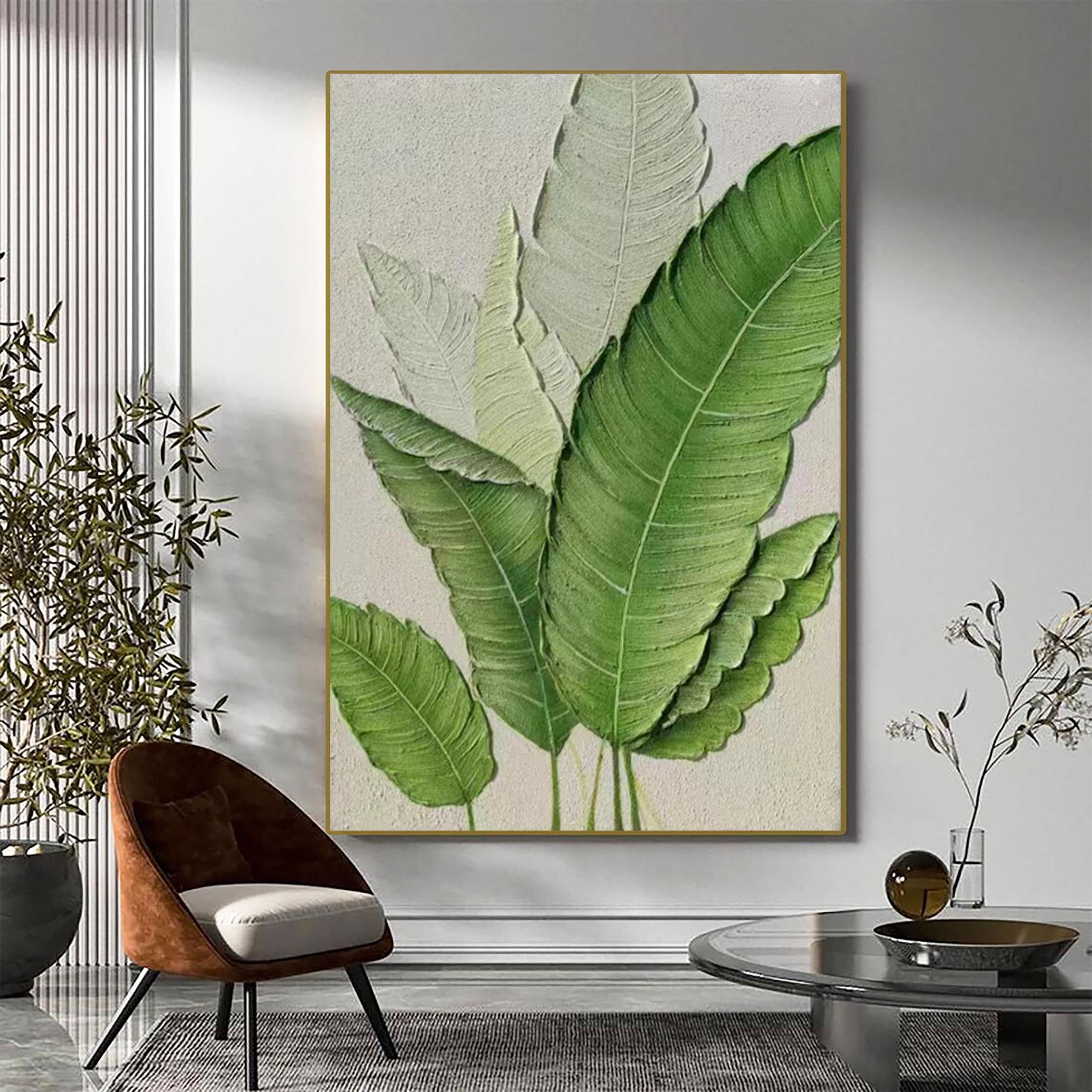 Verdant Leaf – Hand-Painted Fresh Green Banana Leaf Plaster Relief Floral Painting | Tropical Botanical Bedroom & Dining Room Art