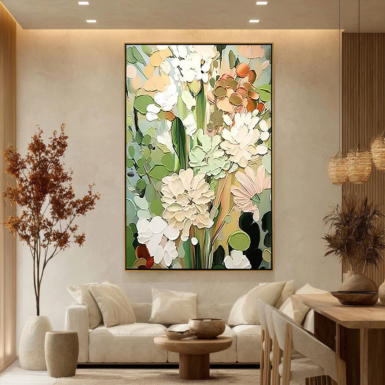 Verdant Bloom – Hand-Painted Sage Green and Cream 3D Impasto Palette Knife Floral Painting | Heavy Texture Studio Art