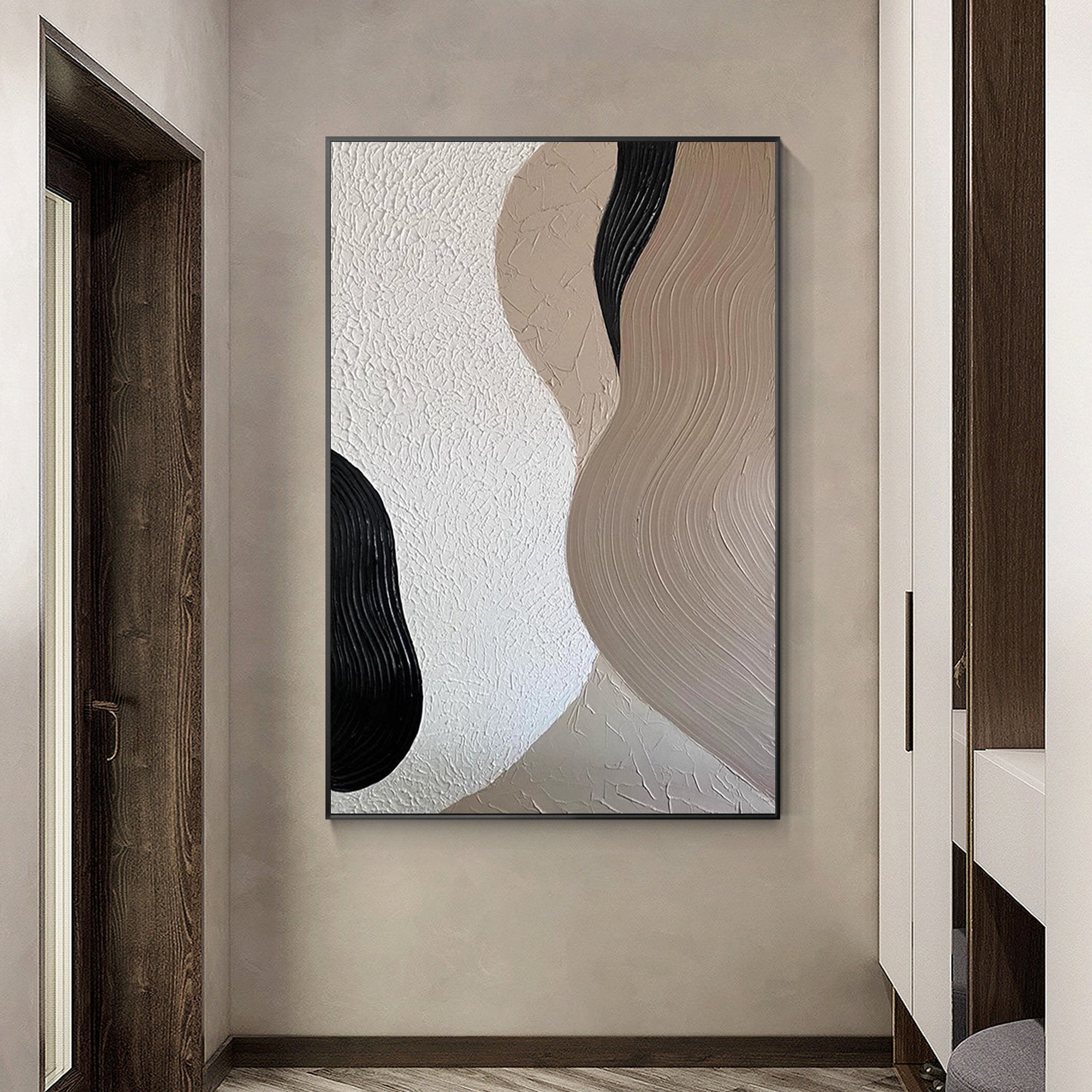 Earthen Flow – Neutral Sand & Espresso Plaster Relief Abstract Painting | Japandi Organic Wabi-Sabi Living Room & Hallway Art