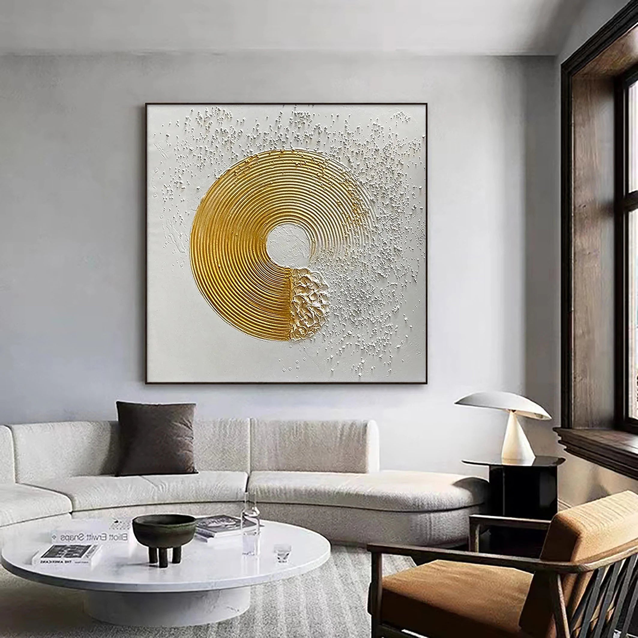 Golden Vortex – Gold Leaf Zen Circle Relief Texture Painting | Modern Luxury Metallic Living Room & Hotel Art