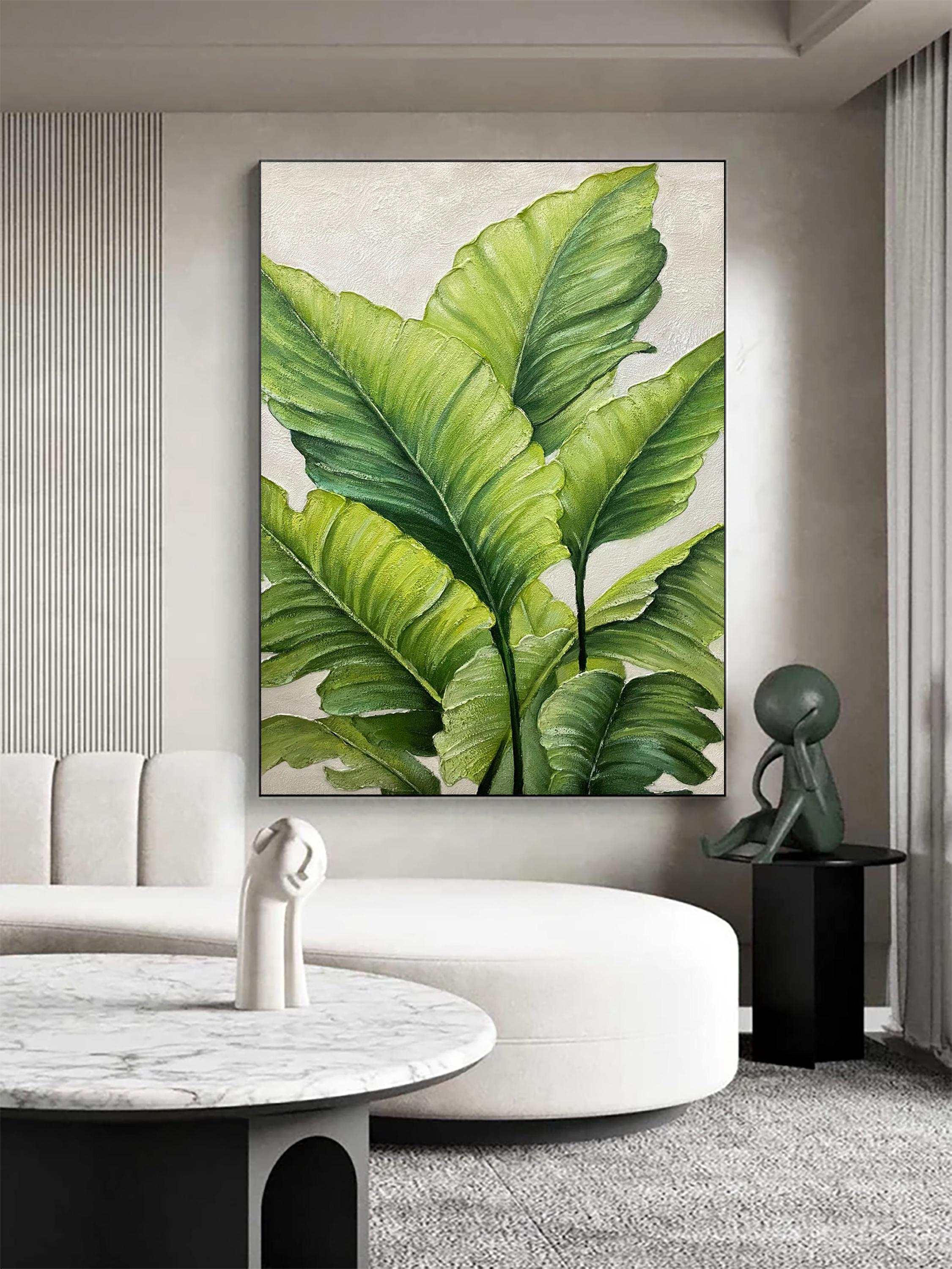Emerald Breeze – Hand-Painted Emerald Green Tropical Leaf 3D Floral Painting | Tropical Botanical Bedroom & Dining Room Art