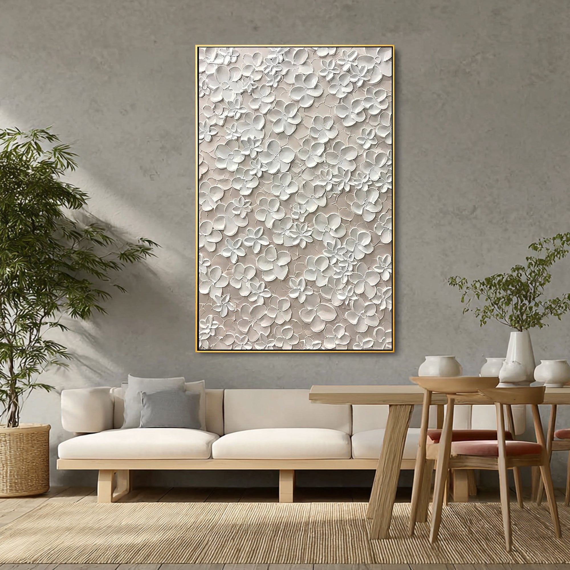 PURE BLOSSOM: Floral Wall Art, Hand-Painted All-Over White Flower Relief 3D Plaster Effect Heavy Texture Studio Art