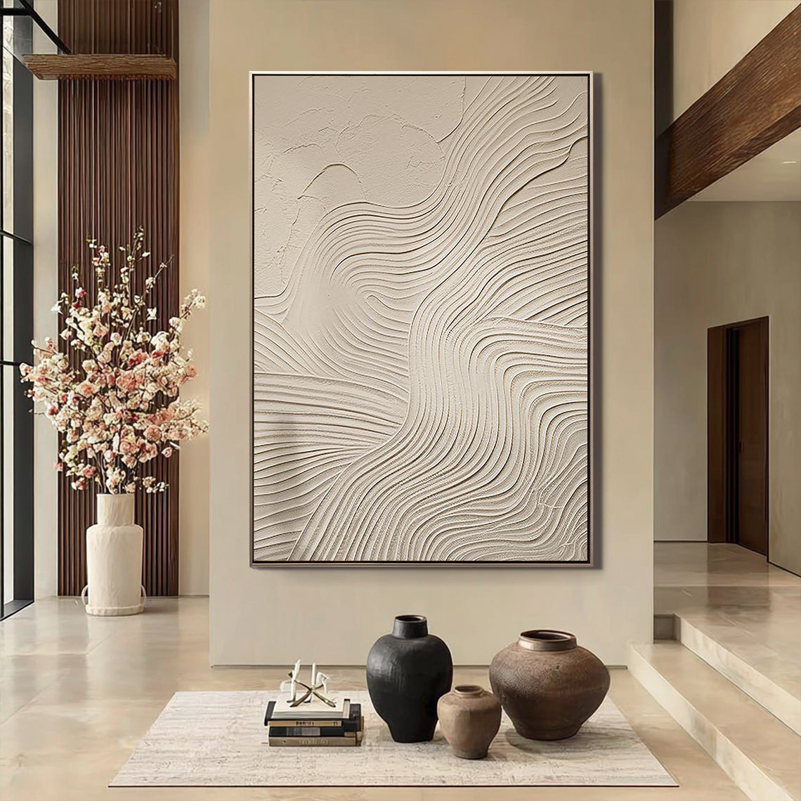 ZEN RIPPLE: Wabi-Sabi Wall Art, Hand-Painted Beige Organic Wave Line Plaster Effect 3D Textured Studio Art
