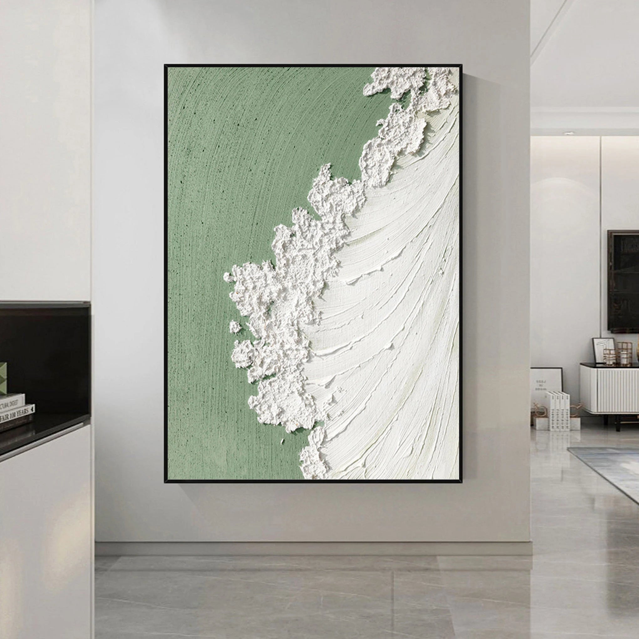 Sage Foam – Heavy Texture Ocean Wave Painting | Wabi-sabi Sage Green Abstract Hallway Art