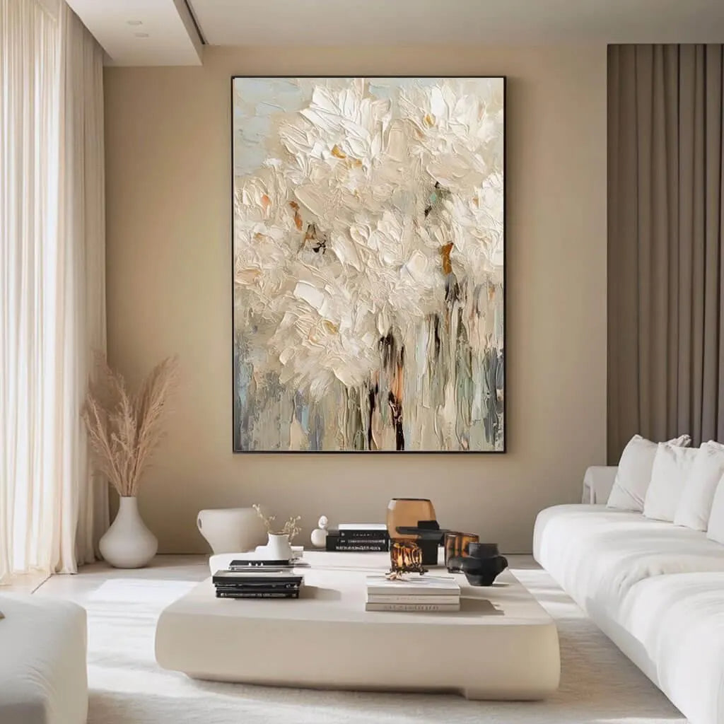 Vanilla Surge – Modern Palette Knife Floral Relief Floral Painting | Contemporary Botanical Bedroom & Living Room Art