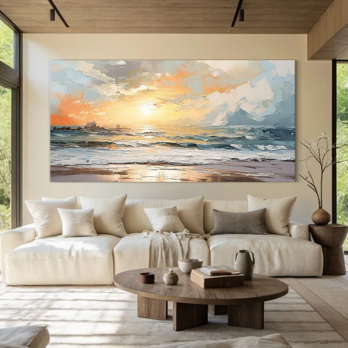 Sunset Glow – Impressionist Sea Sunset Scenery Hand-Painted Textured Landscape Oil Ocean Painting | Coastal Modern Living Room & Bedroom Art