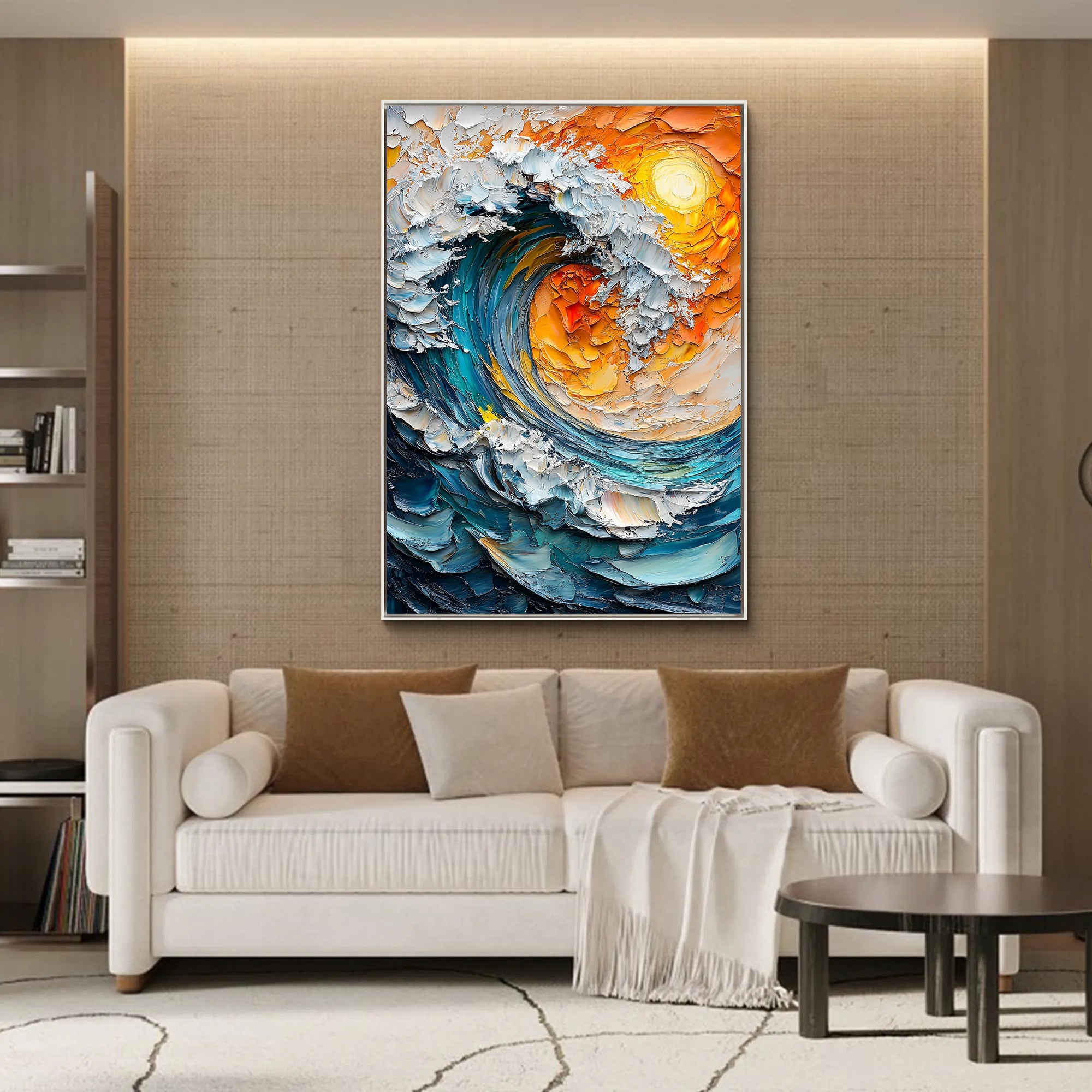 Solar Wave – Hand-Painted Sunset Orange and Teal Blue 3D Palette Knife Nature Painting | Modern Abstract Living Room & Office Art